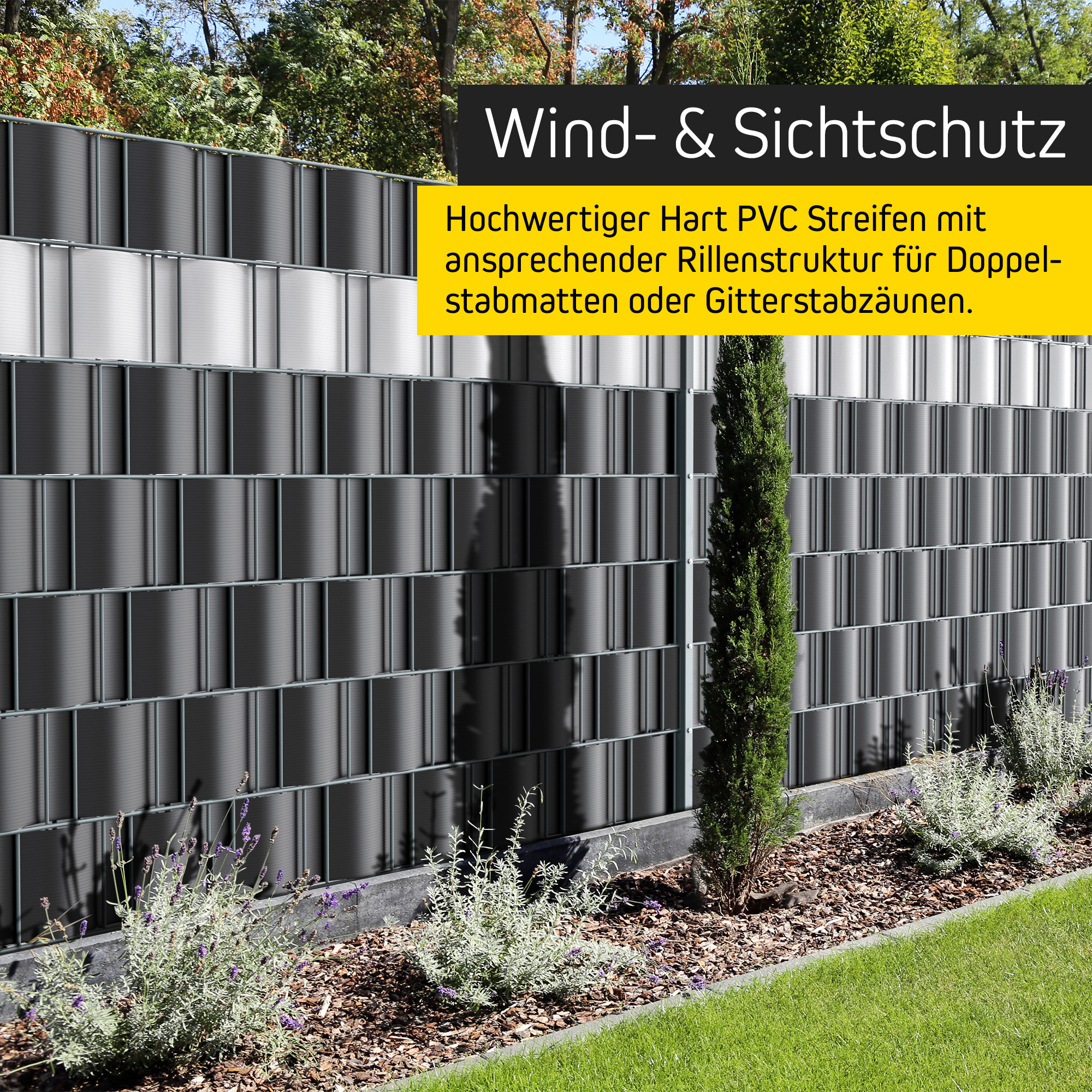 slider_image_0192b963abb17980ae239f1802ab448c PVC Sichtschutzstreifen an einem Zaun für Wind- und Sichtschutz im Gartenbereich