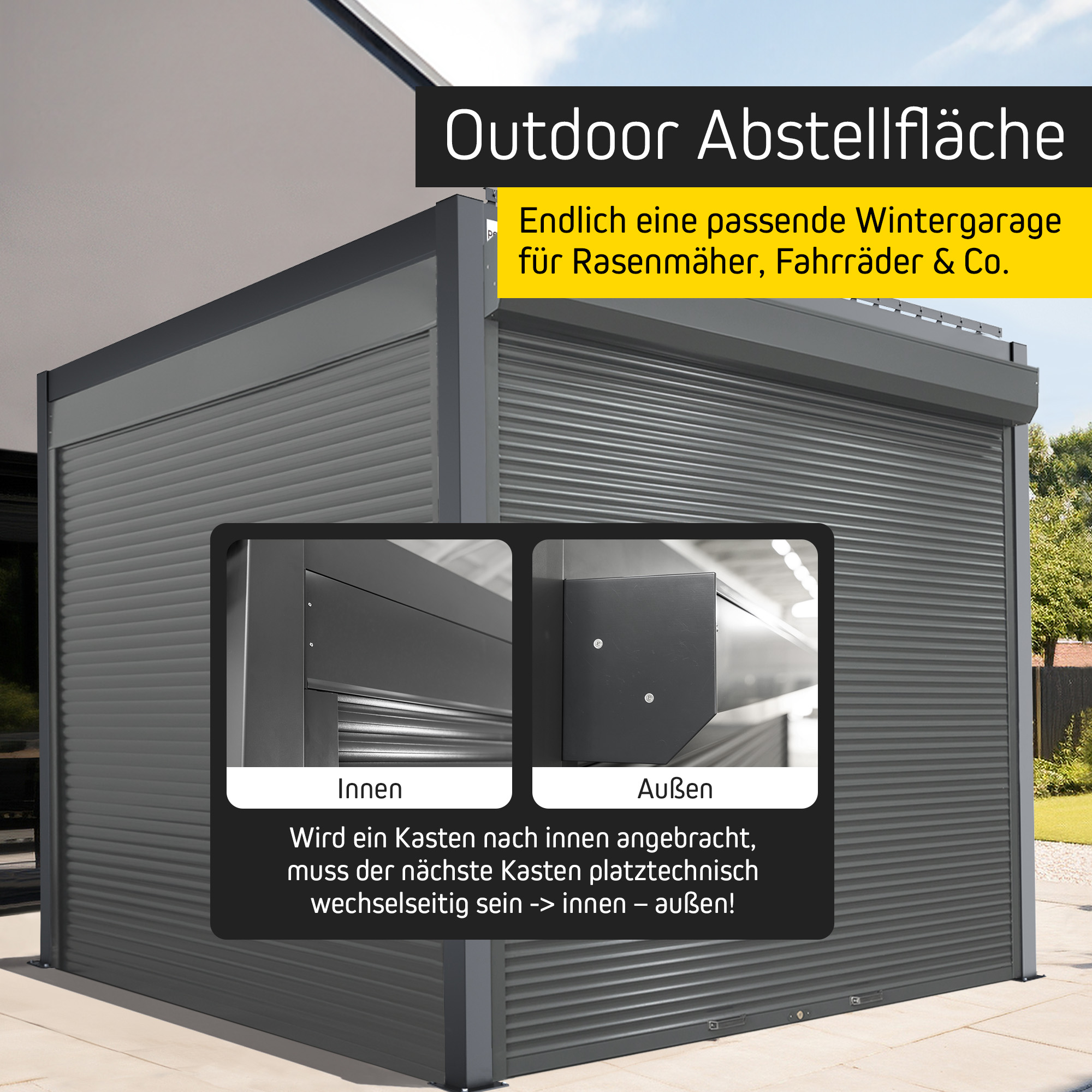 Rollladen für Pergola mit Lamellendach, zeigt Innen- und Außenansicht der Installation