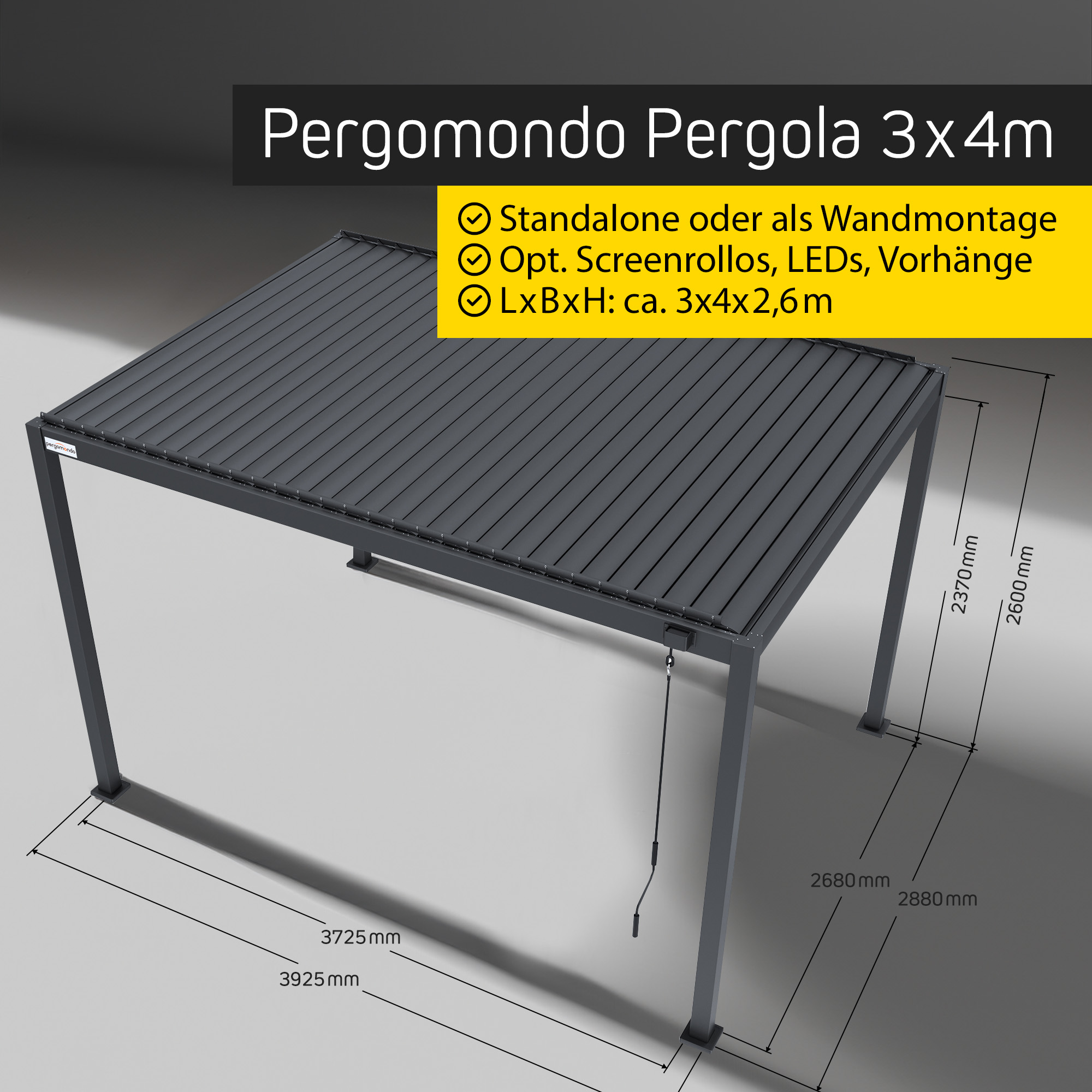 Pergola mit Lamellendach, freistehend oder wandmontiert, mit optionalen Funktionen