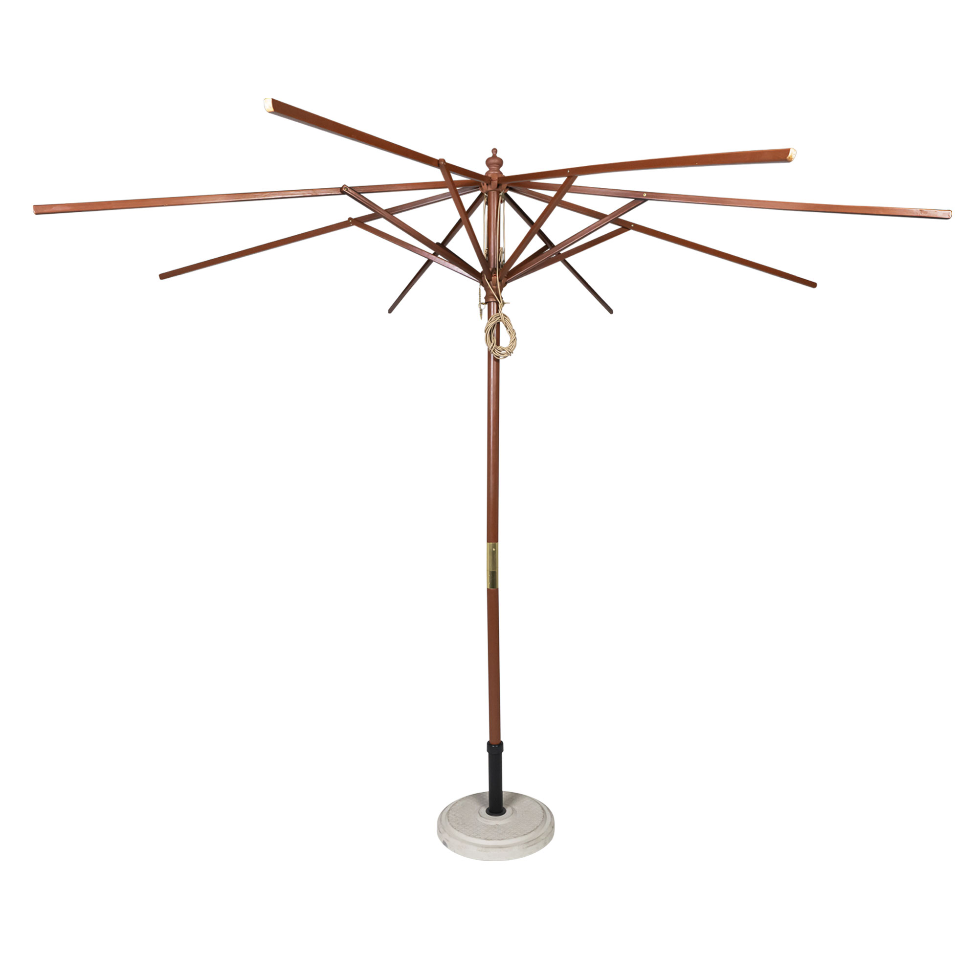 Gestell für knickbaren Holz-Sonnenschirm mit rundem Sockel und Streben