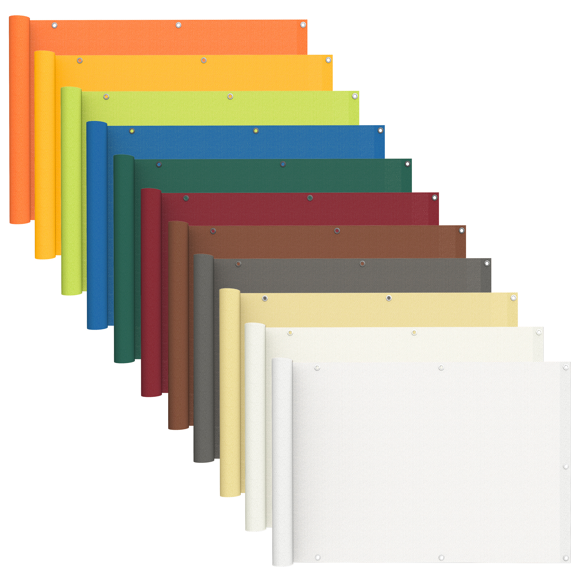 Verschiedene Balkonbespannungen aus wasserdichtem Polyester in mehreren Lagen und Farben