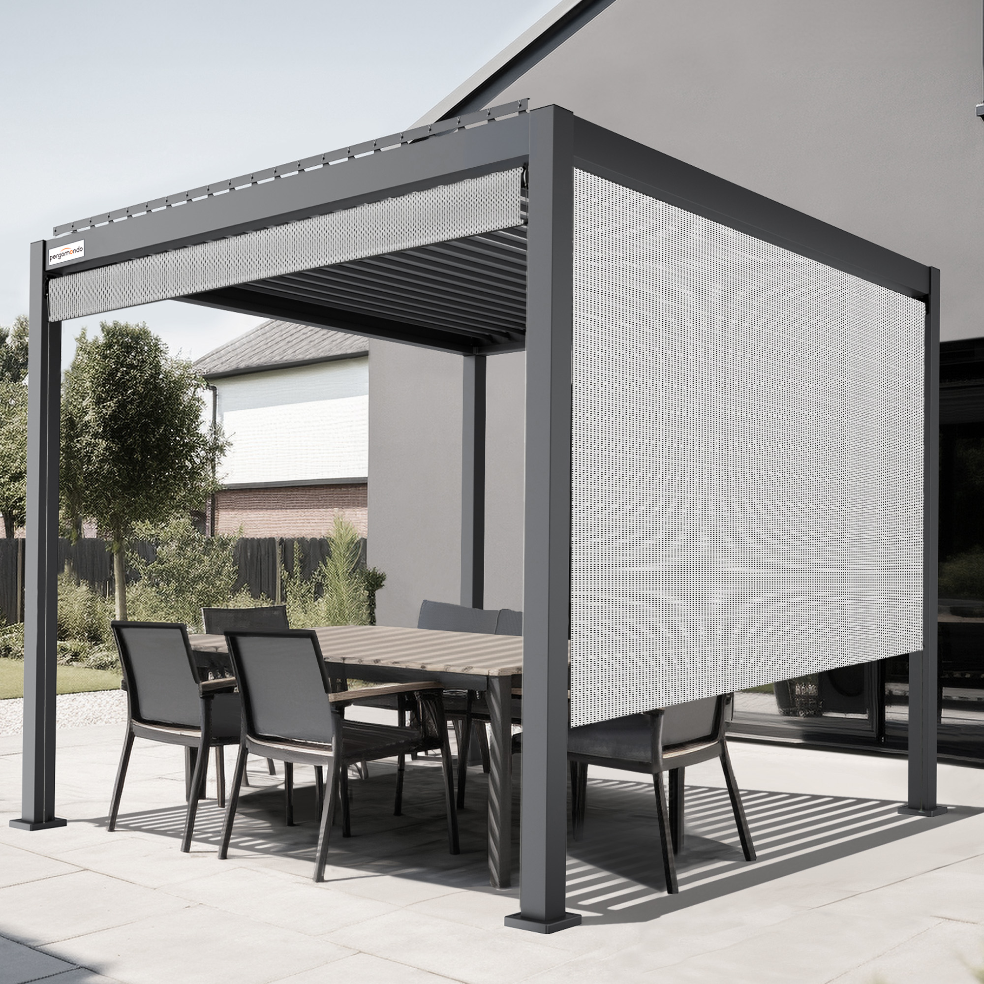 Außenrollo für Pergola mit Lamellendach | 3 m, Kurbel, links, Screen, weiß/schwarz