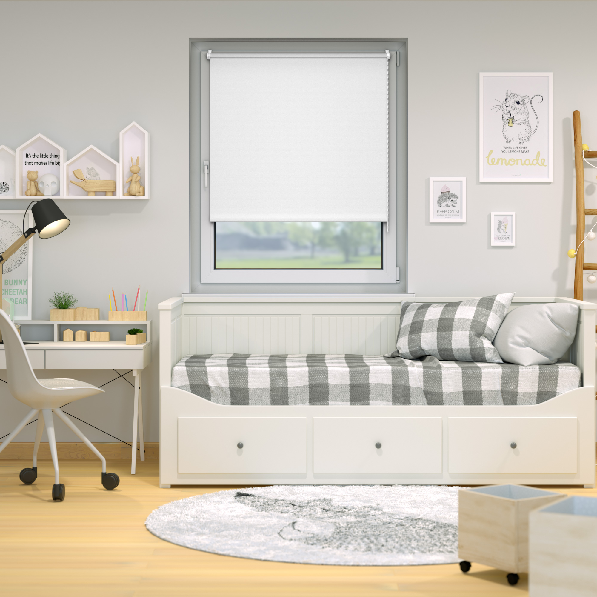 slider_image_01922d398b947cbe8cd422bec4b37246 Verdunkelungsrollo an einem Fenster in einem modern eingerichteten Raum mit Schreibtisch und Bett