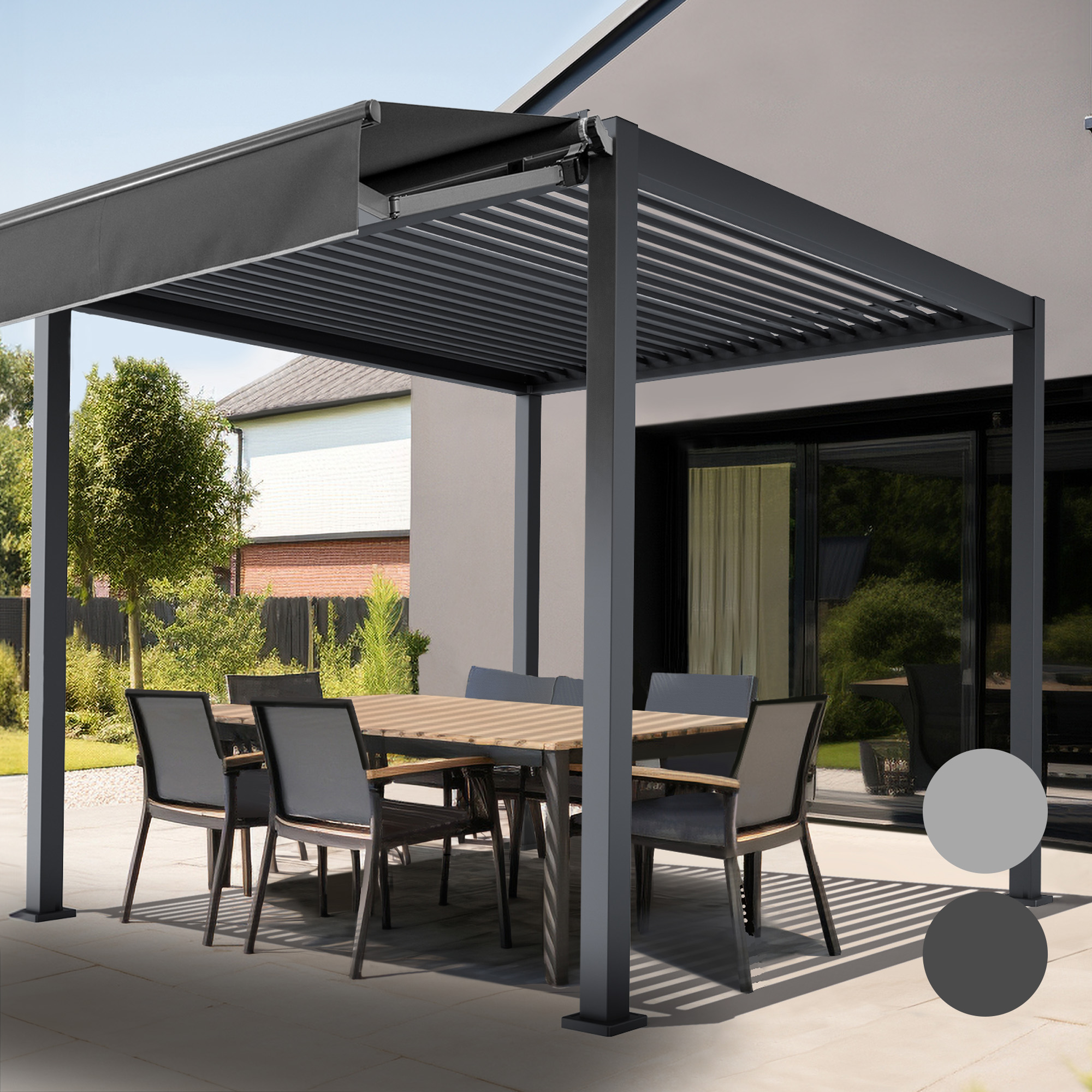 Markise über Pergola mit Lamellendach, darunter Tisch und Stühle im Außenbereich