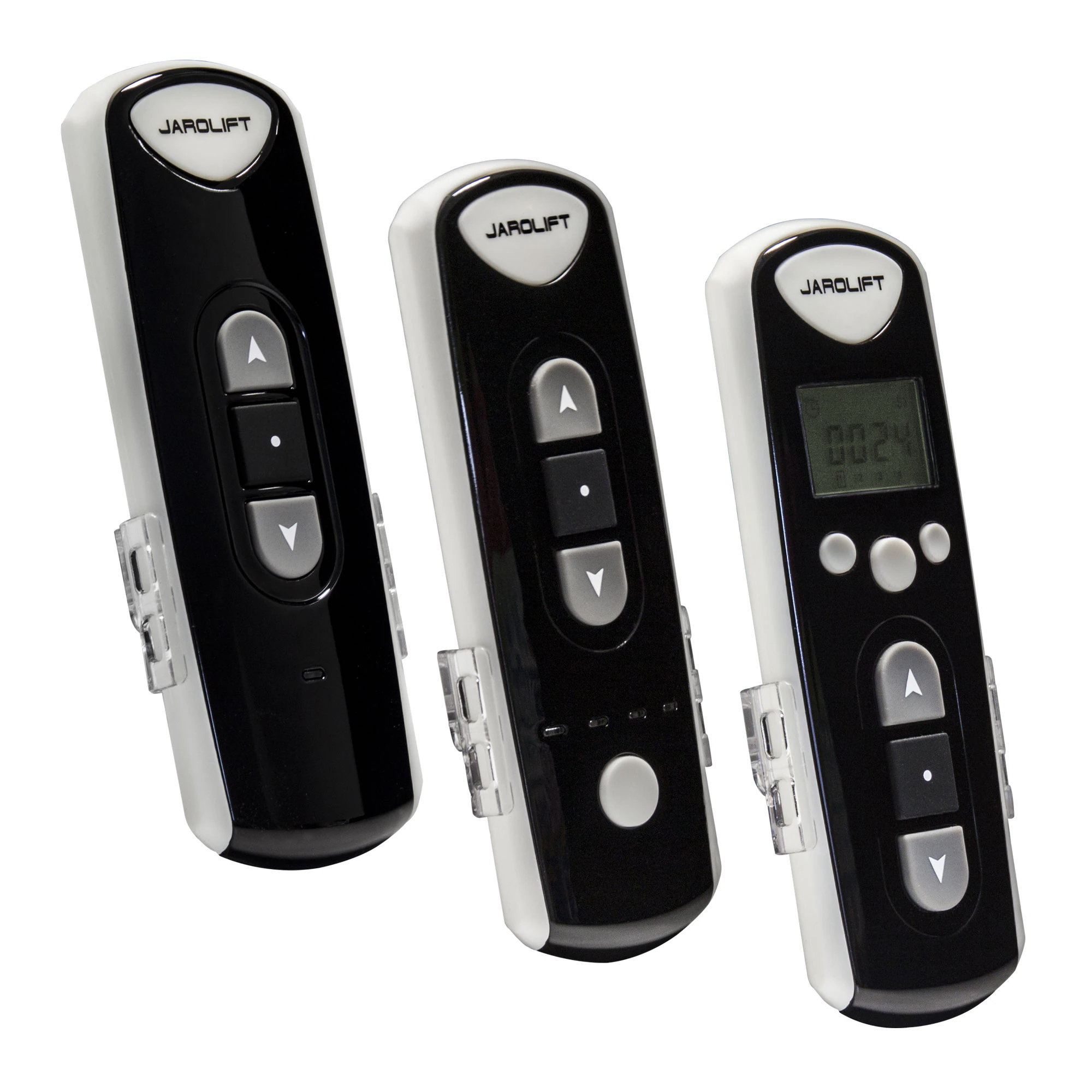 Drei Funk-Handsender TDRC mit Tasten und Display zur Steuerung von Geräten