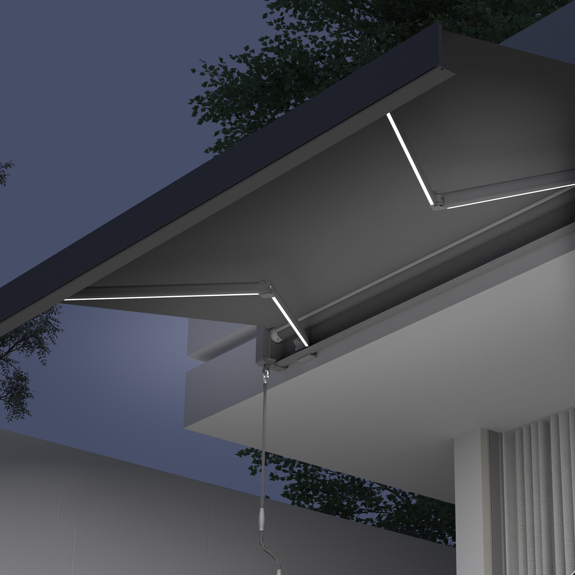 Kassettenmarkise mit LED-Beleuchtung, ausgefahren über einer Terrasse, moderne Konstruktion