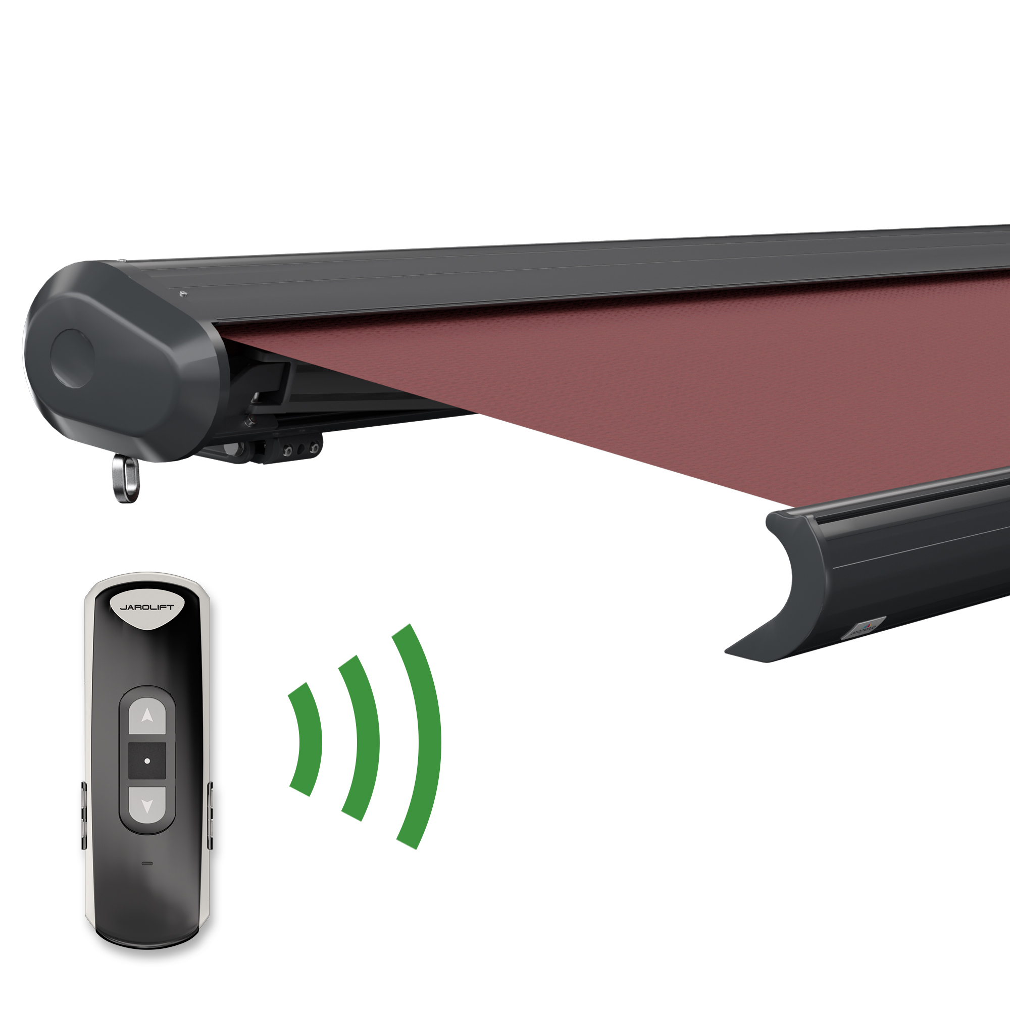 slider_image_0192905ccf587494a90dc92672a9f09c Kassettenmarkise mit Fernbedienung, zeigt Tuch und Gehäuse der Markise