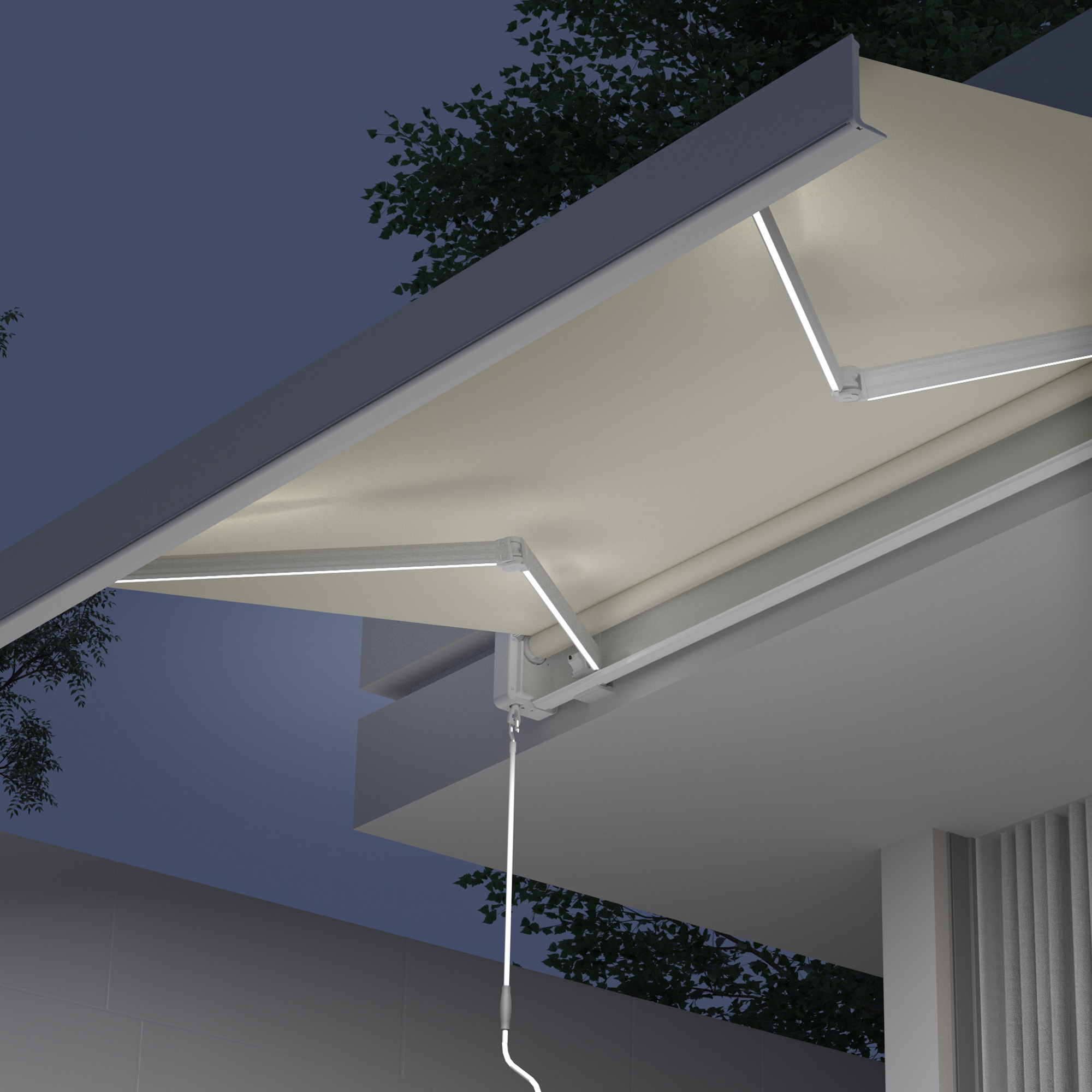 Kassettenmarkise mit LED-Beleuchtung an einem Gebäude montiert