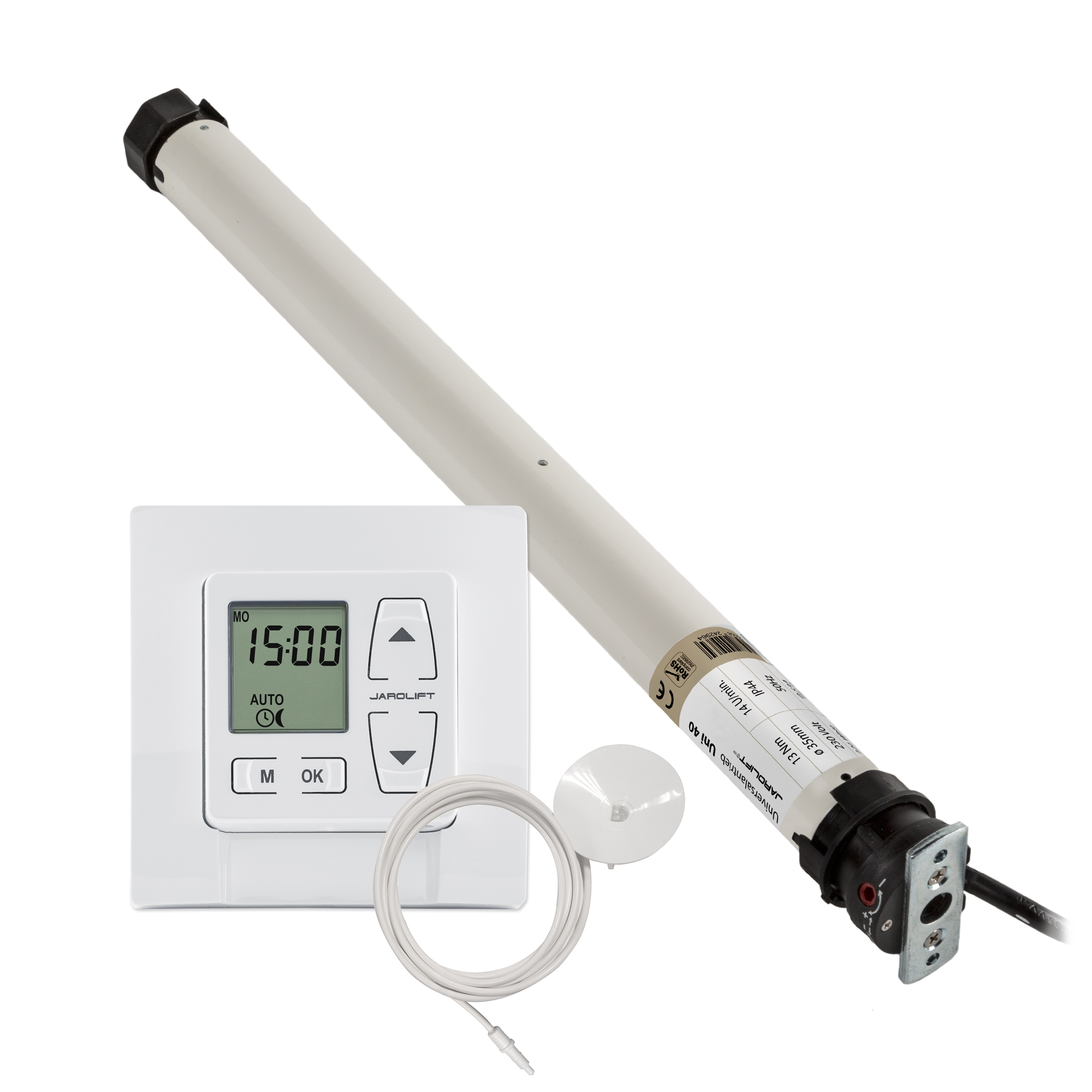 Rollladenmotor mit Steuerung und Kabel für automatisierte Rollladenbedienung