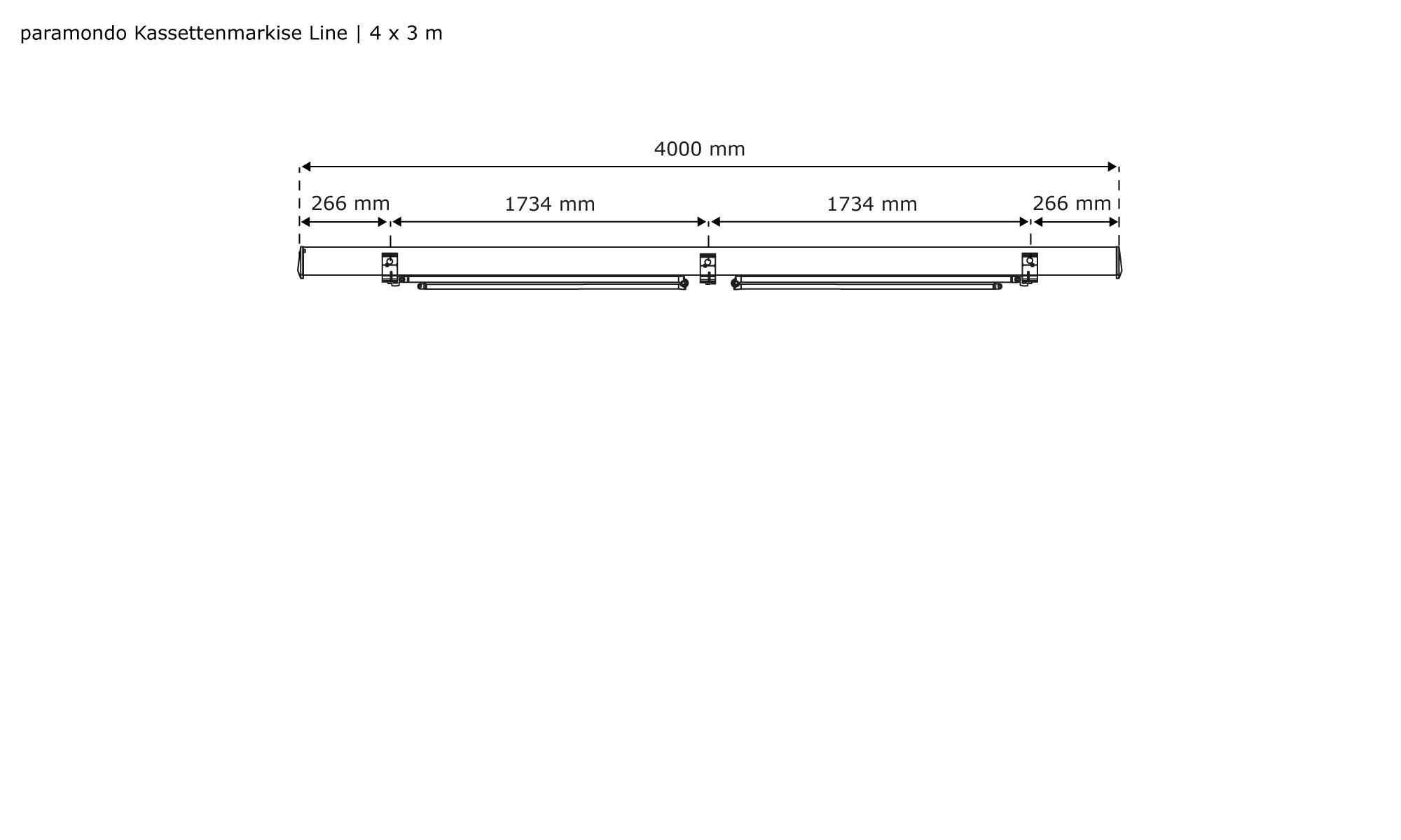 Diagramm einer Kassettenmarkise Line mit Abmessungen und Aufbauansicht