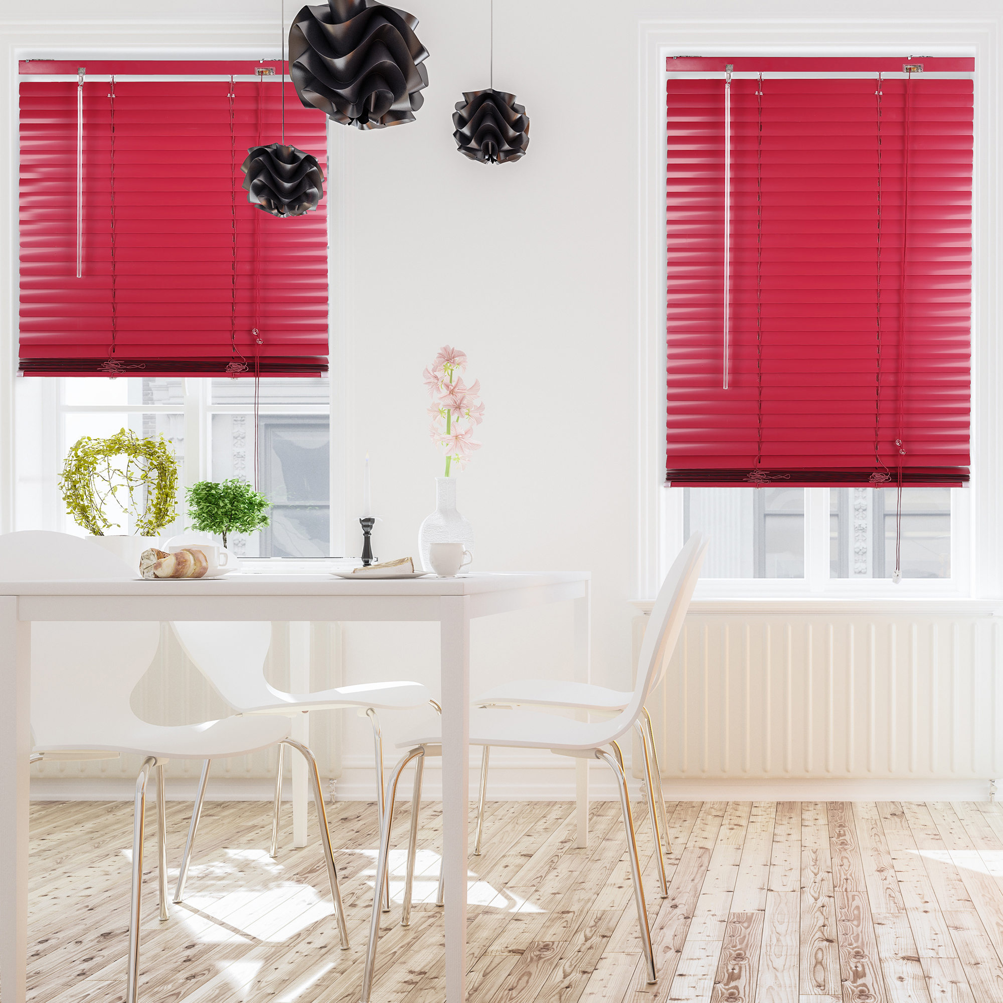 slider_image_39c70746c07c4a7c8b44f7ecfd795f26 Aluminium Jalousien an Fenstern in modernem Esszimmer mit Tisch und Stühlen