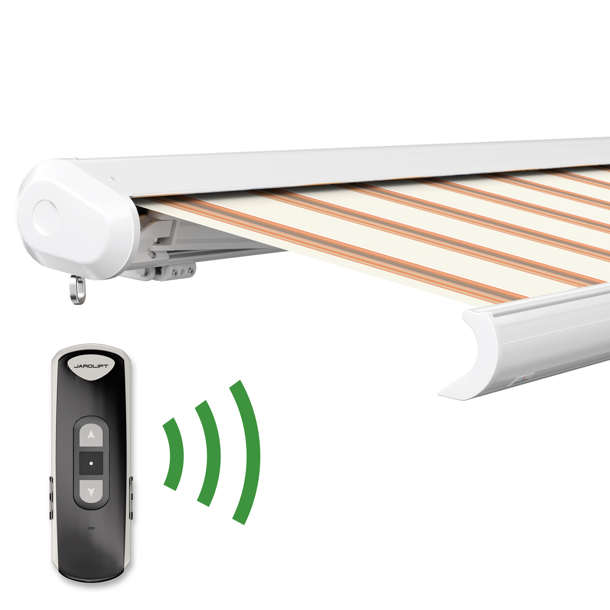 slider_image_0192903b7ea97c768fe9d61d10be2c48 Kassettenmarkise mit Fernbedienung, zeigt Tuch und Gehäuse der Markise