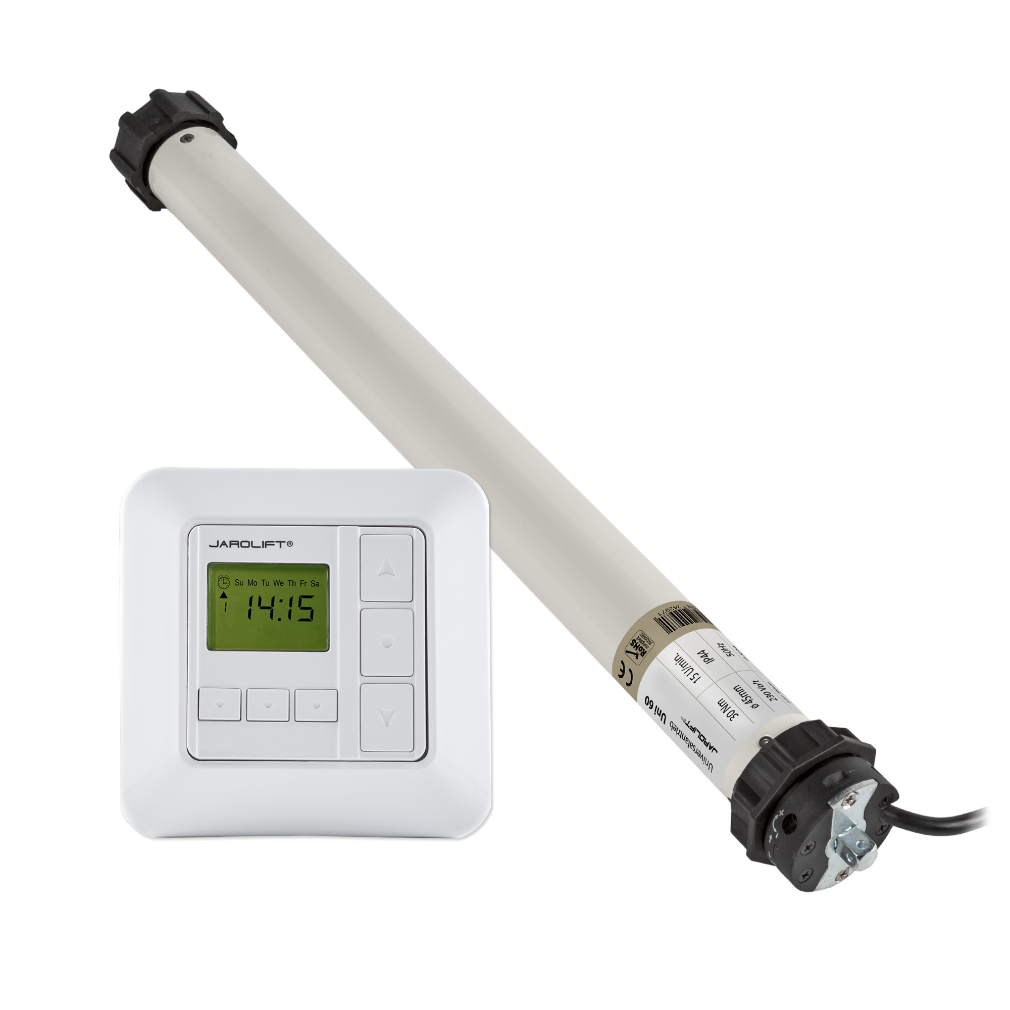 Rollladenmotor mit Steuerung und Kabel für automatisierte Rollladenbedienung