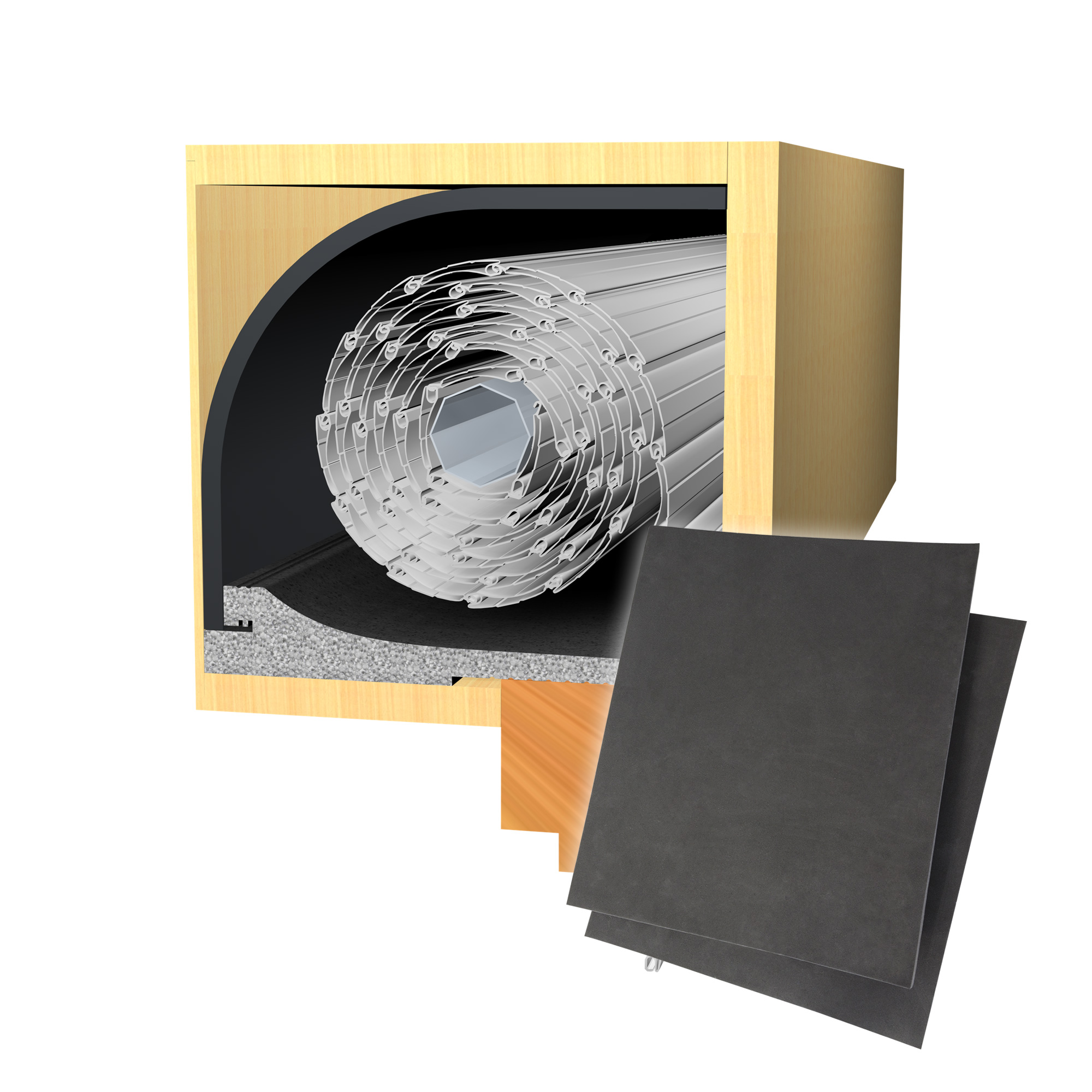 Energiespar Rollladendämmung in Querschnittsansicht mit Isoliermaterial und Rollladenkasten