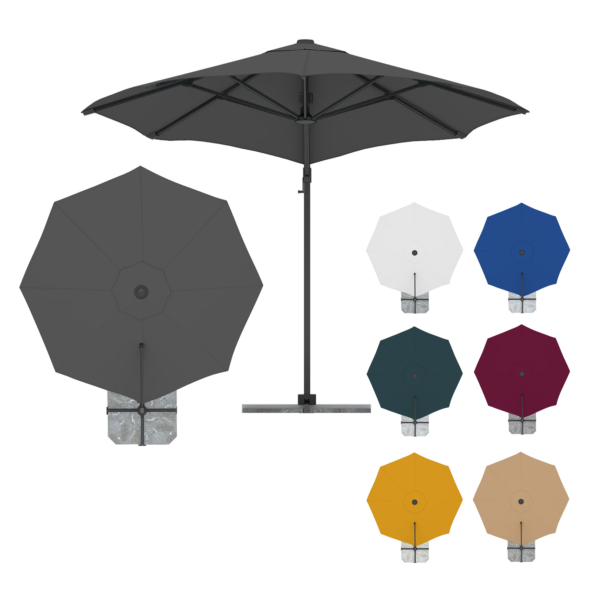 Ampelschirm mit rundem Schirmdach und seitlichem Standfuß in verschiedenen Farben