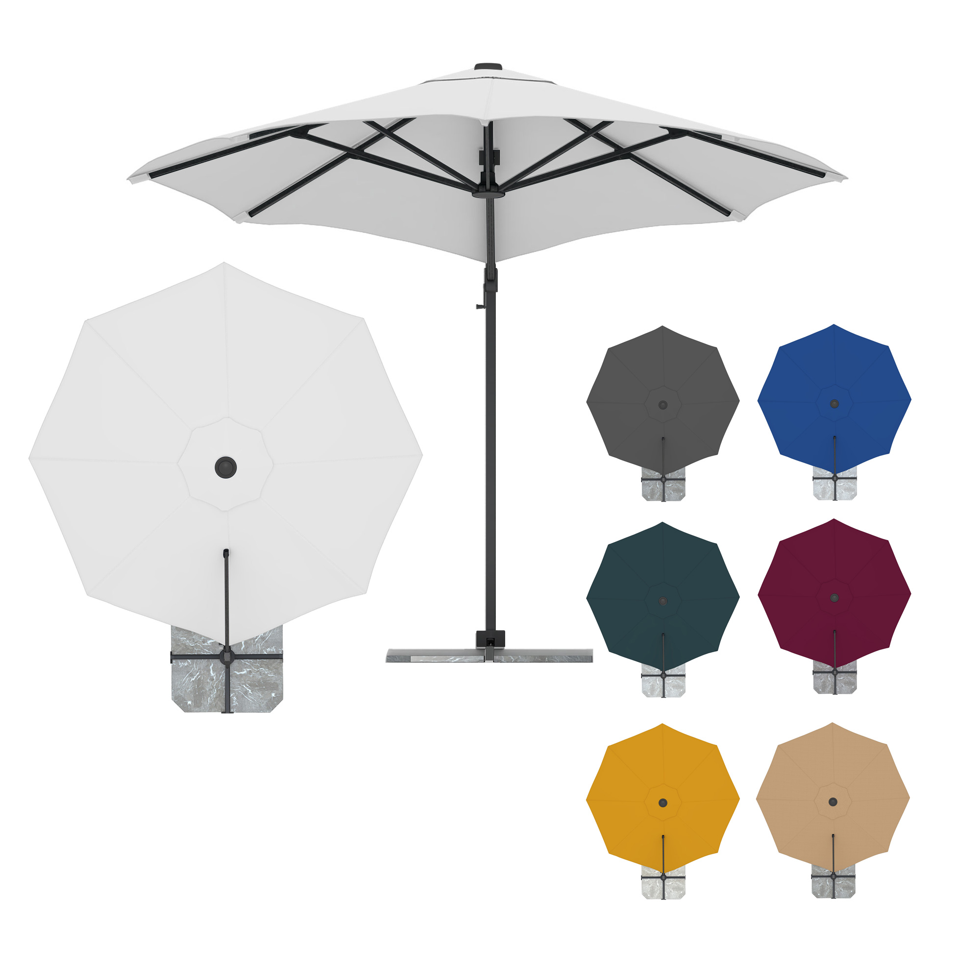 Ampelschirm mit rundem Schirmdach und seitlichem Standfuß in verschiedenen Farben