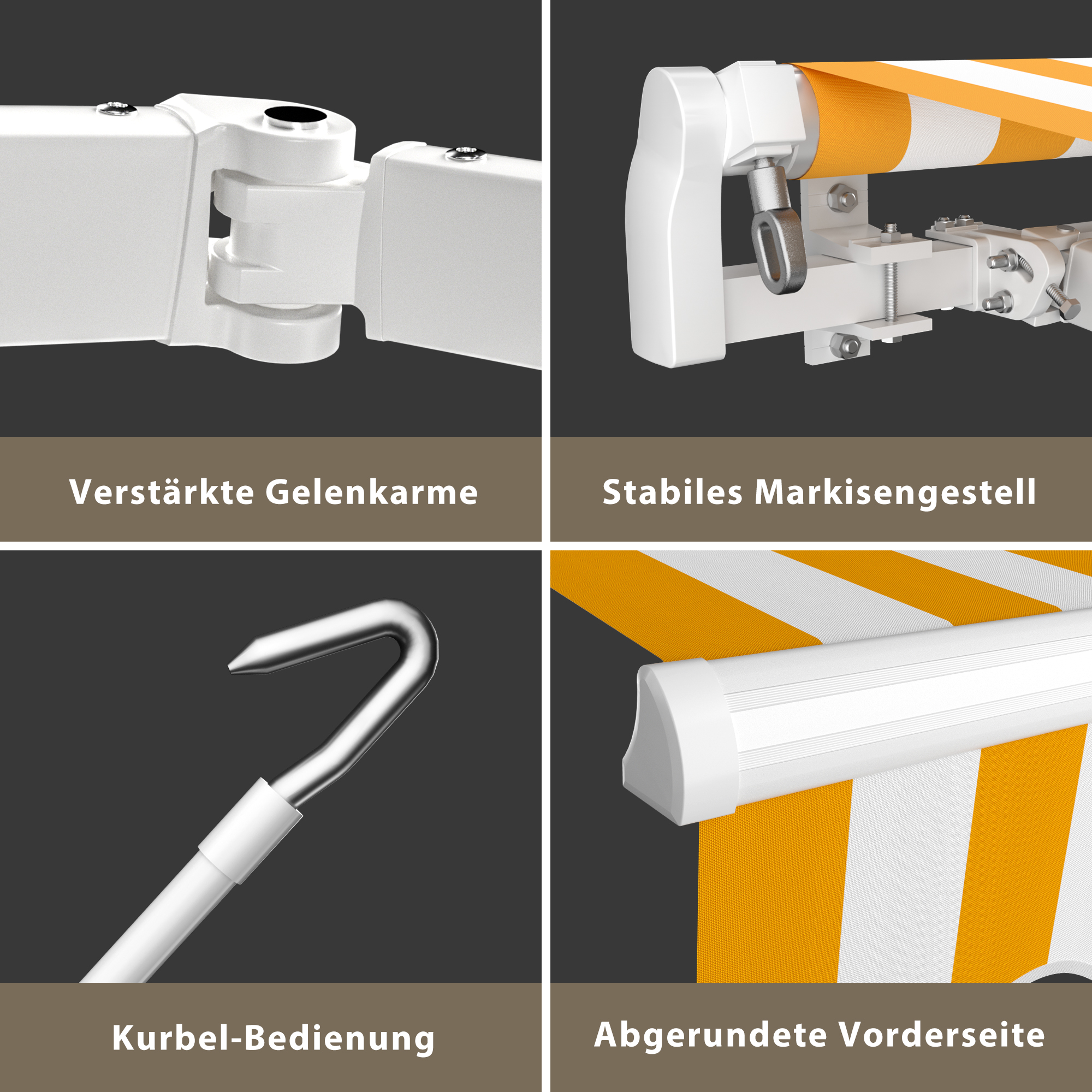 Markise mit verstärkten Gelenkarmen, stabilem Gestell, Kurbel-Bedienung und abgerundeter Vorderseite