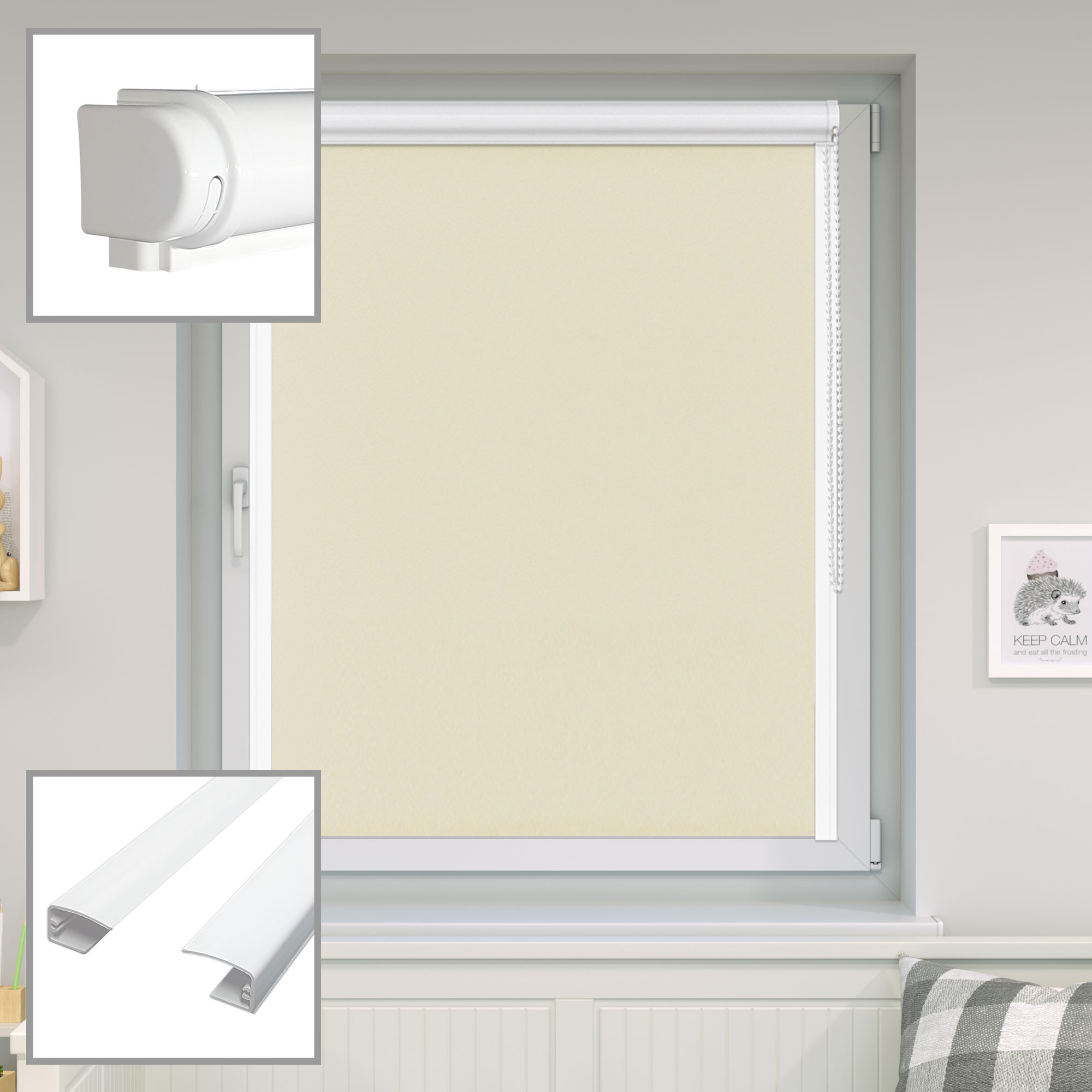 Kassette für Verdunkelungsrollo am Fenster mit Detailansichten der Komponenten