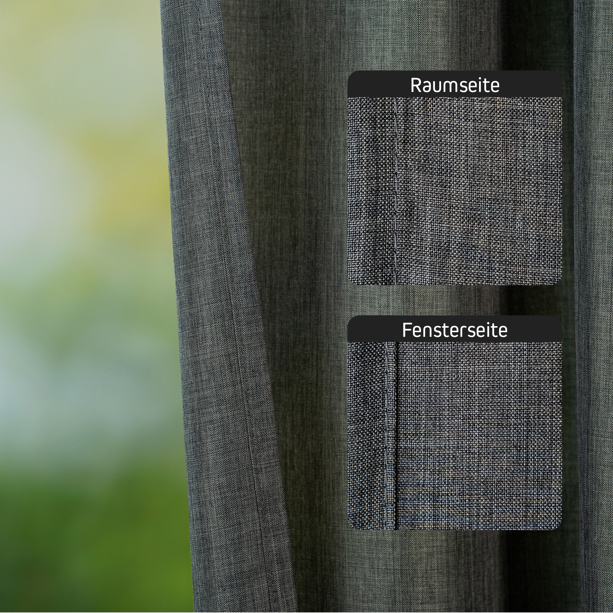 Vorhang mit Kombiband und Leinenstruktur, zeigt Raum- und Fensterseite im Detail