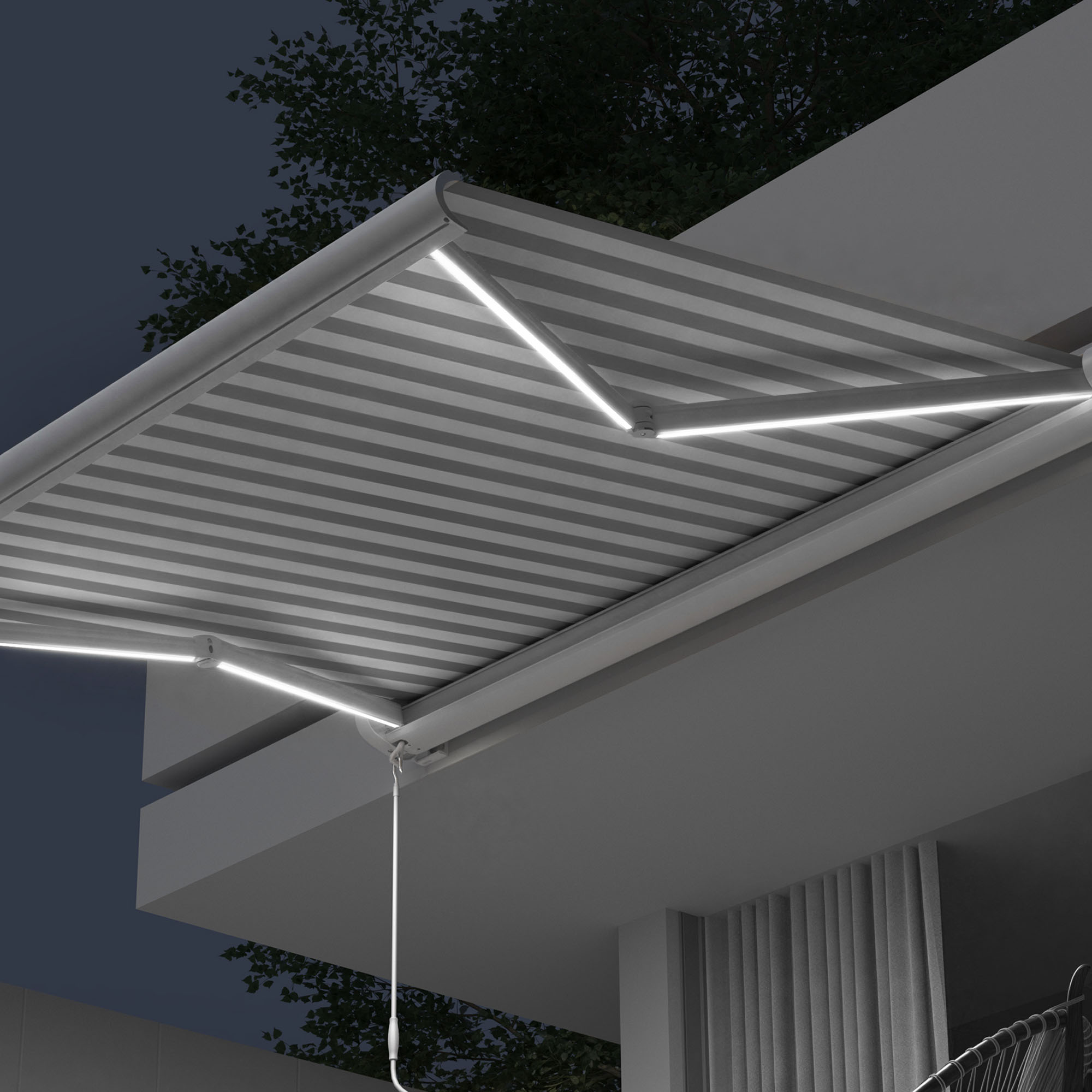 Kassettenmarkise Curve LED | 4 x 3 m, weiß, Stoff: grau-weiß, Blockstreifen