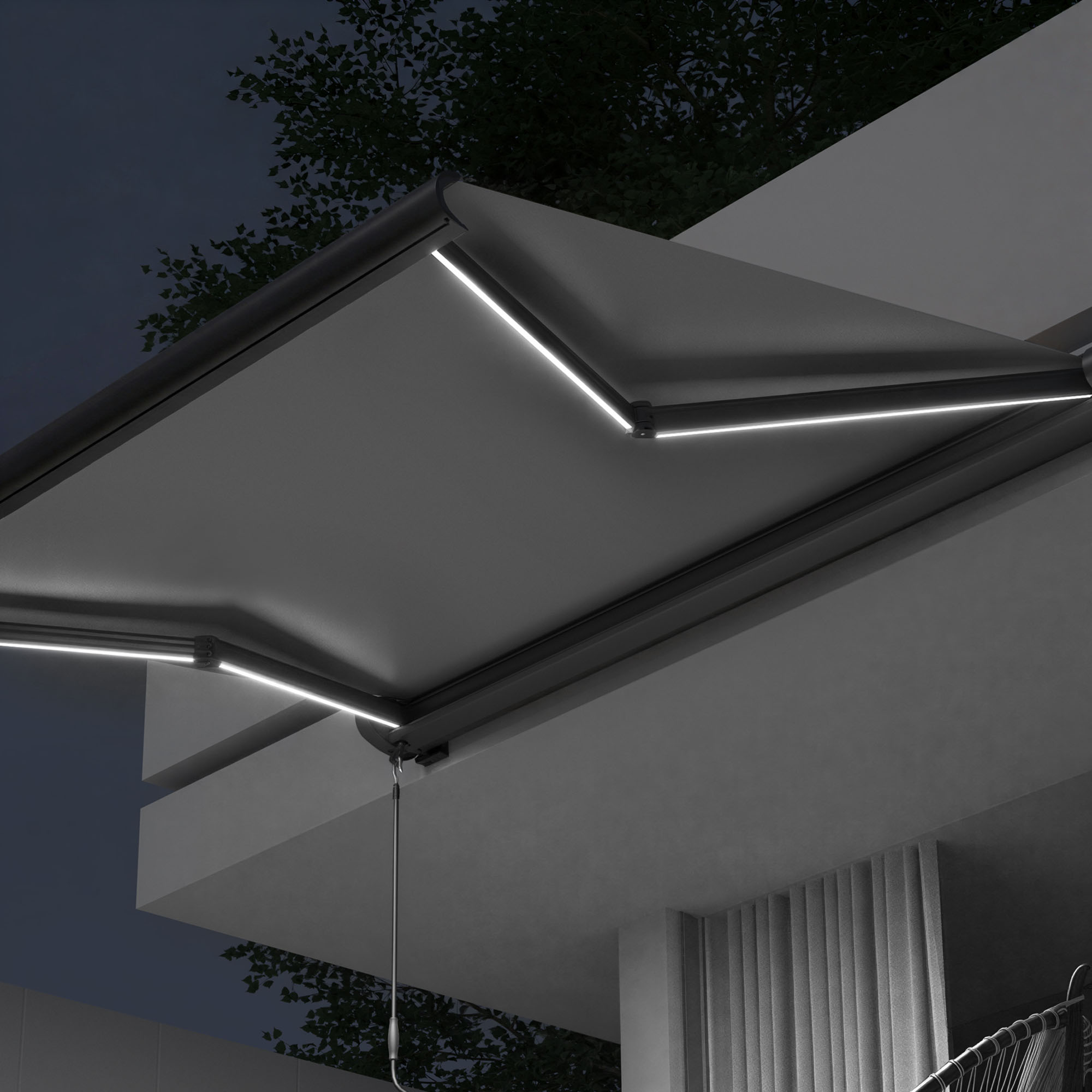 Kassettenmarkise Curve LED | 3,5 x 3 m, anthrazit, Stoff: grau, Uni