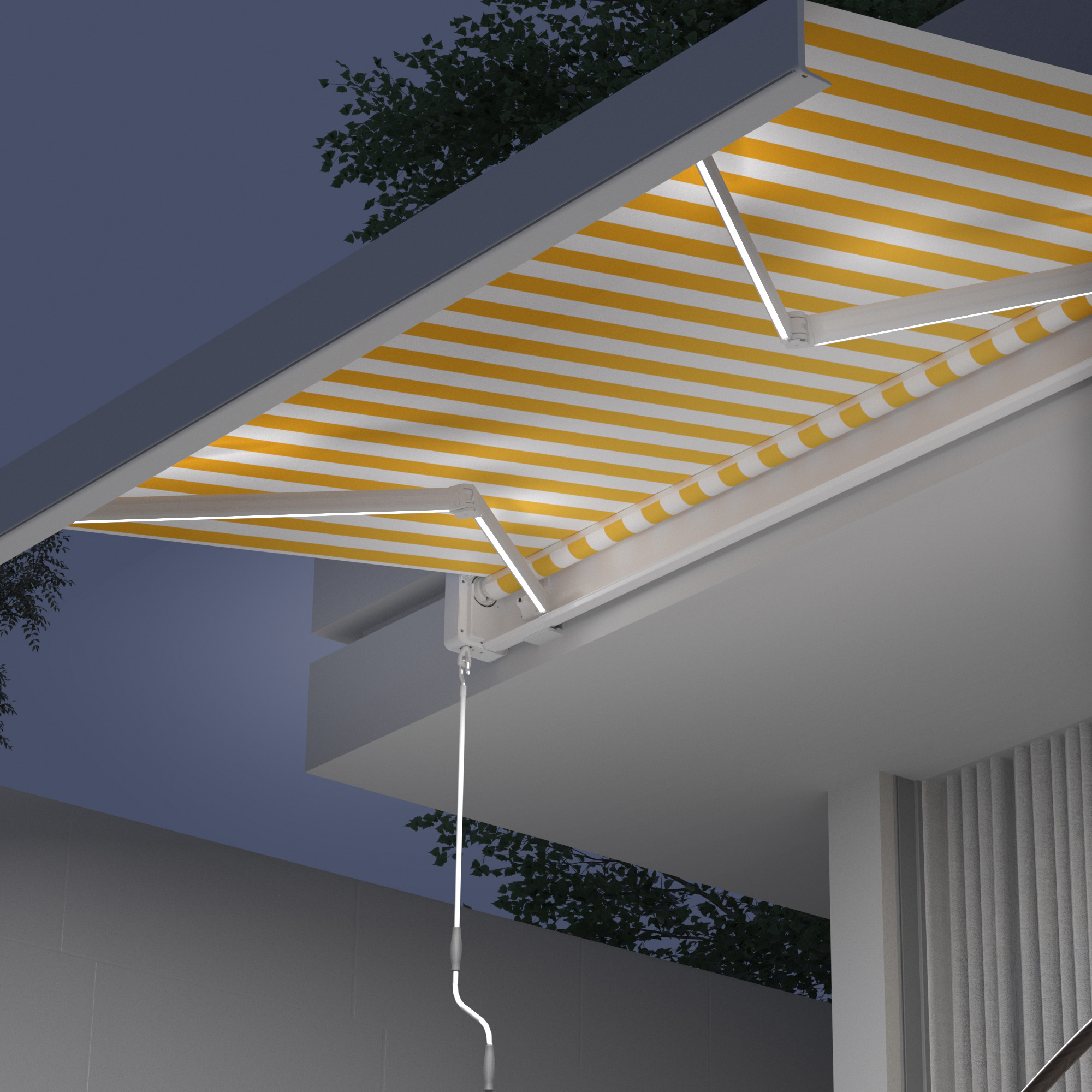 Kassettenmarkise mit LED-Beleuchtung unter einem modernen Vordach montiert