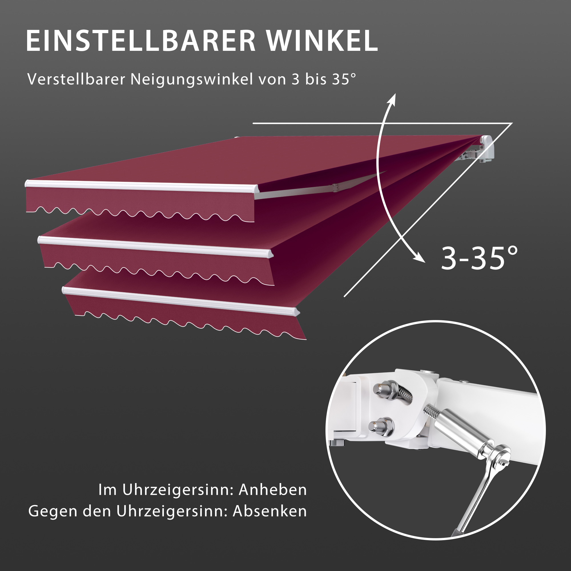 Verstellbare Markise mit Neigungswinkel von 3 bis 35 Grad, Hebelmechanismus zur Einstellung