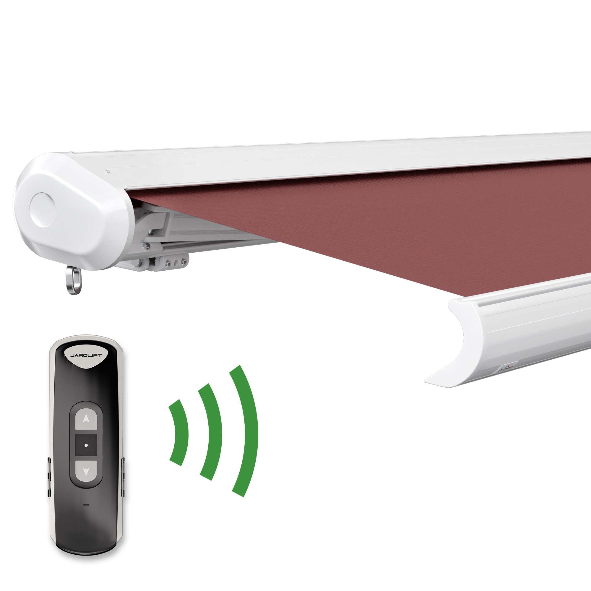 slider_image_01929059d32f77e19297d49c00964d27 Kassettenmarkise mit Fernbedienung, zeigt Tuch und Gehäuse der Markise