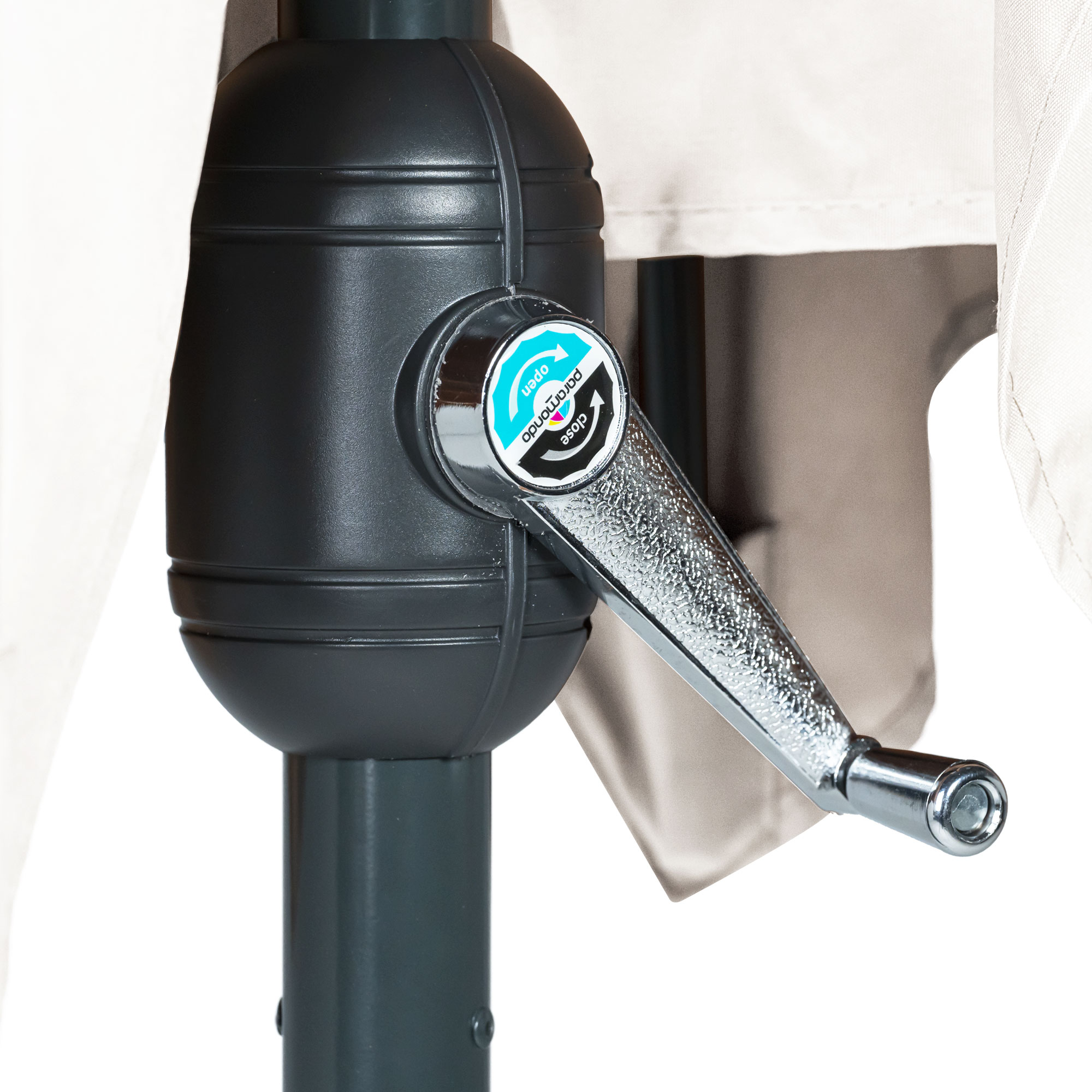 slider_image_de7484f56c234bae962e7b9b79767734 Kurbelmechanismus eines knickbaren Sonnenschirms mit Stoffbezug sichtbar