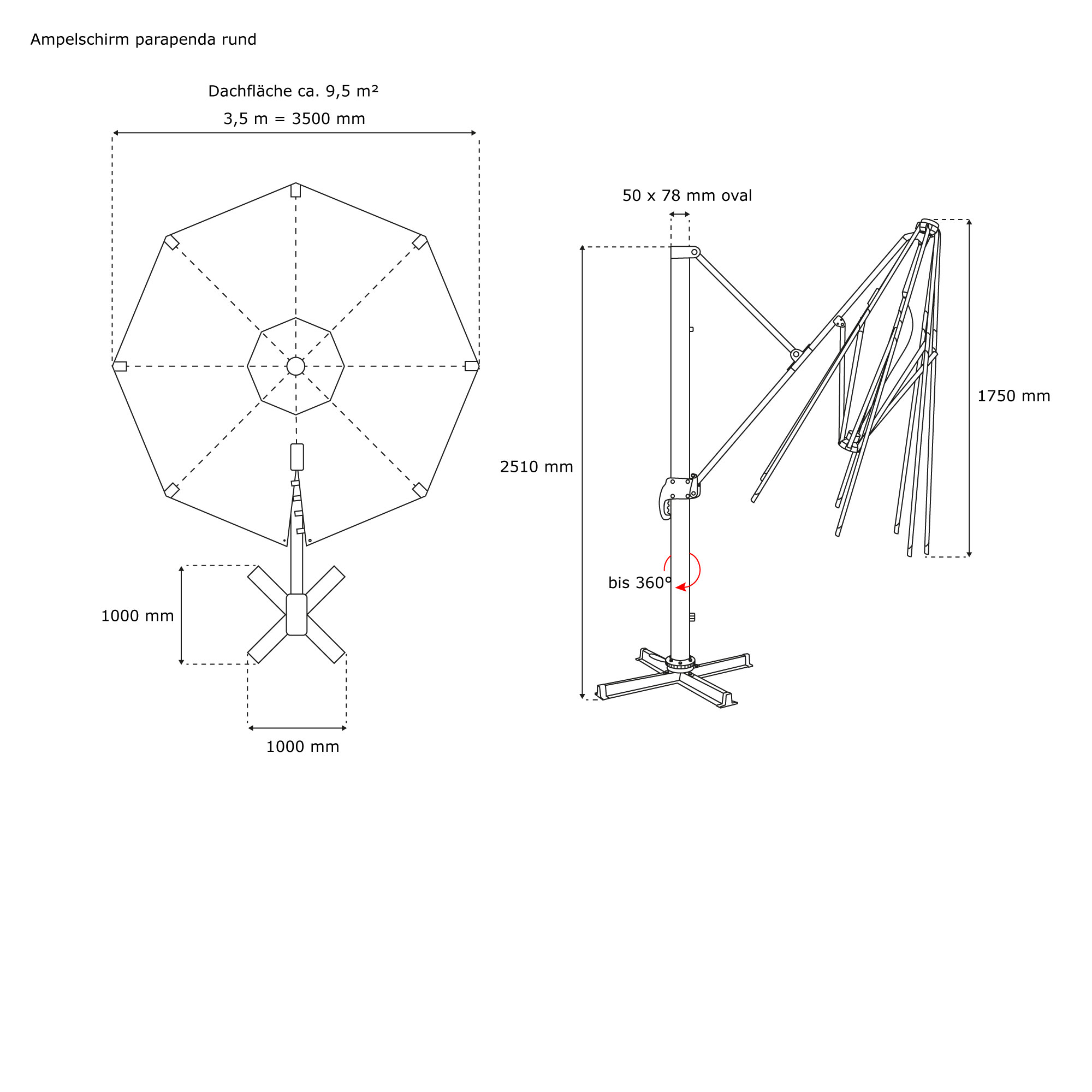 Technische Zeichnung eines runden Ampelschirms mit Ständer und Drehfunktion