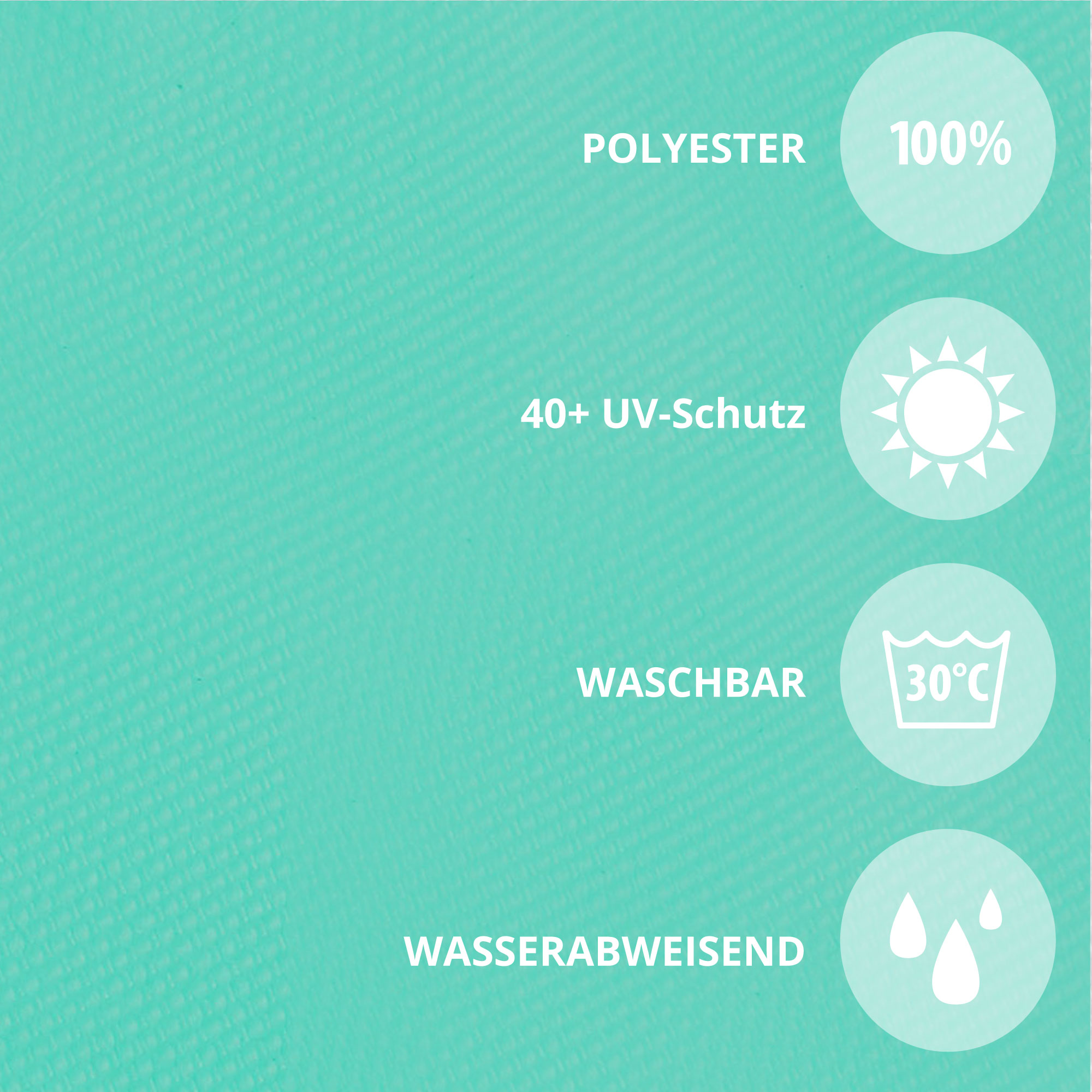 Textgrafik mit Materialangaben: Polyester, UV-Schutz, waschbar, wasserabweisend