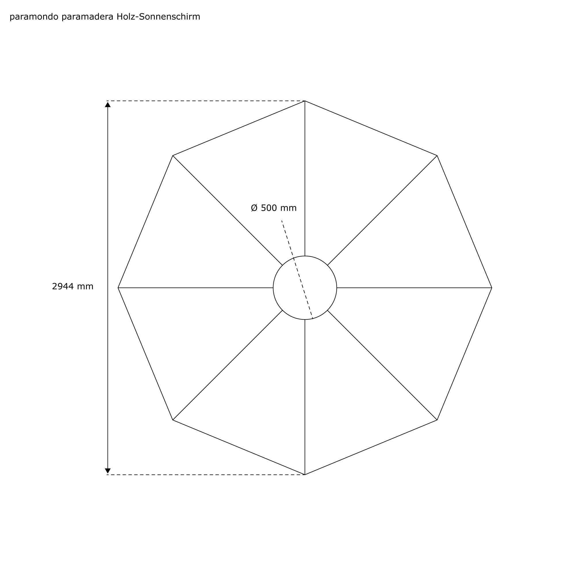 Skizze eines knickbaren Holz-Sonnenschirms mit achteckiger Form und Maßen in Millimetern