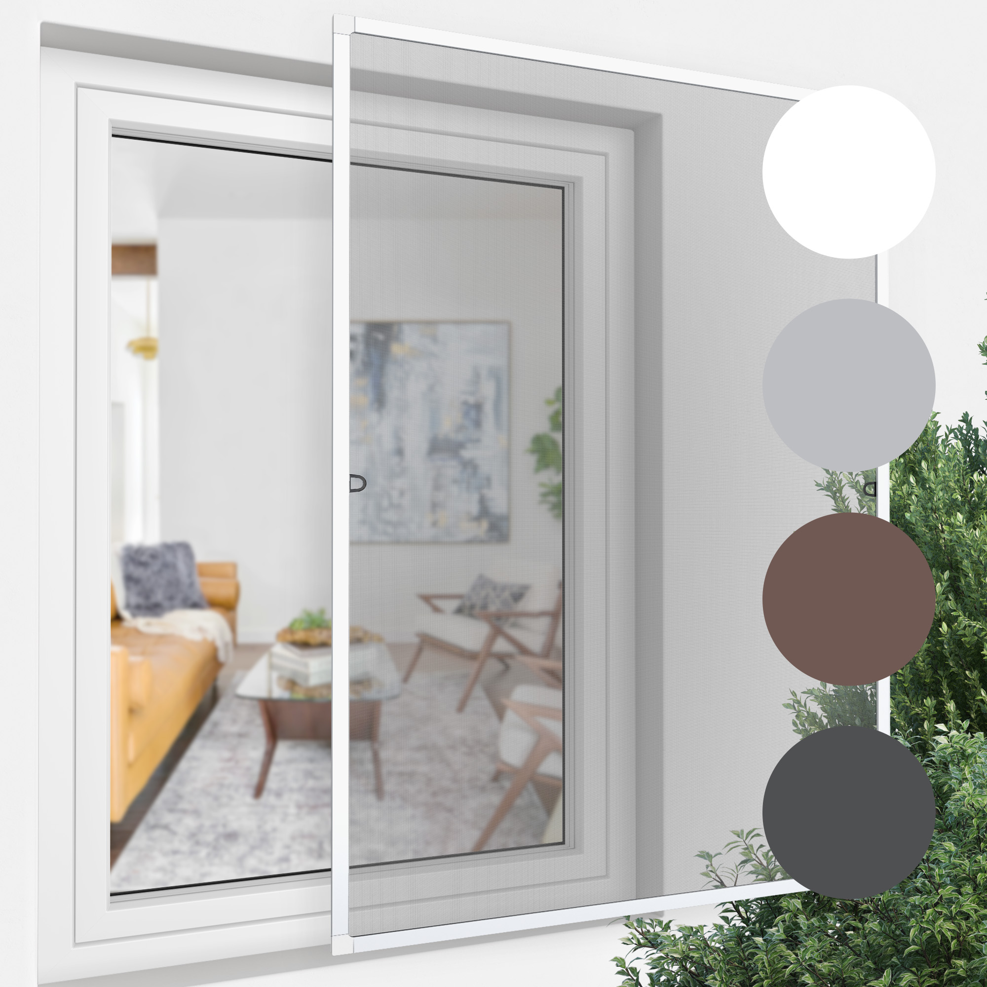 Insektenschutz-Spannrahmen für Fenster mit Blick ins Innere eines Raumes