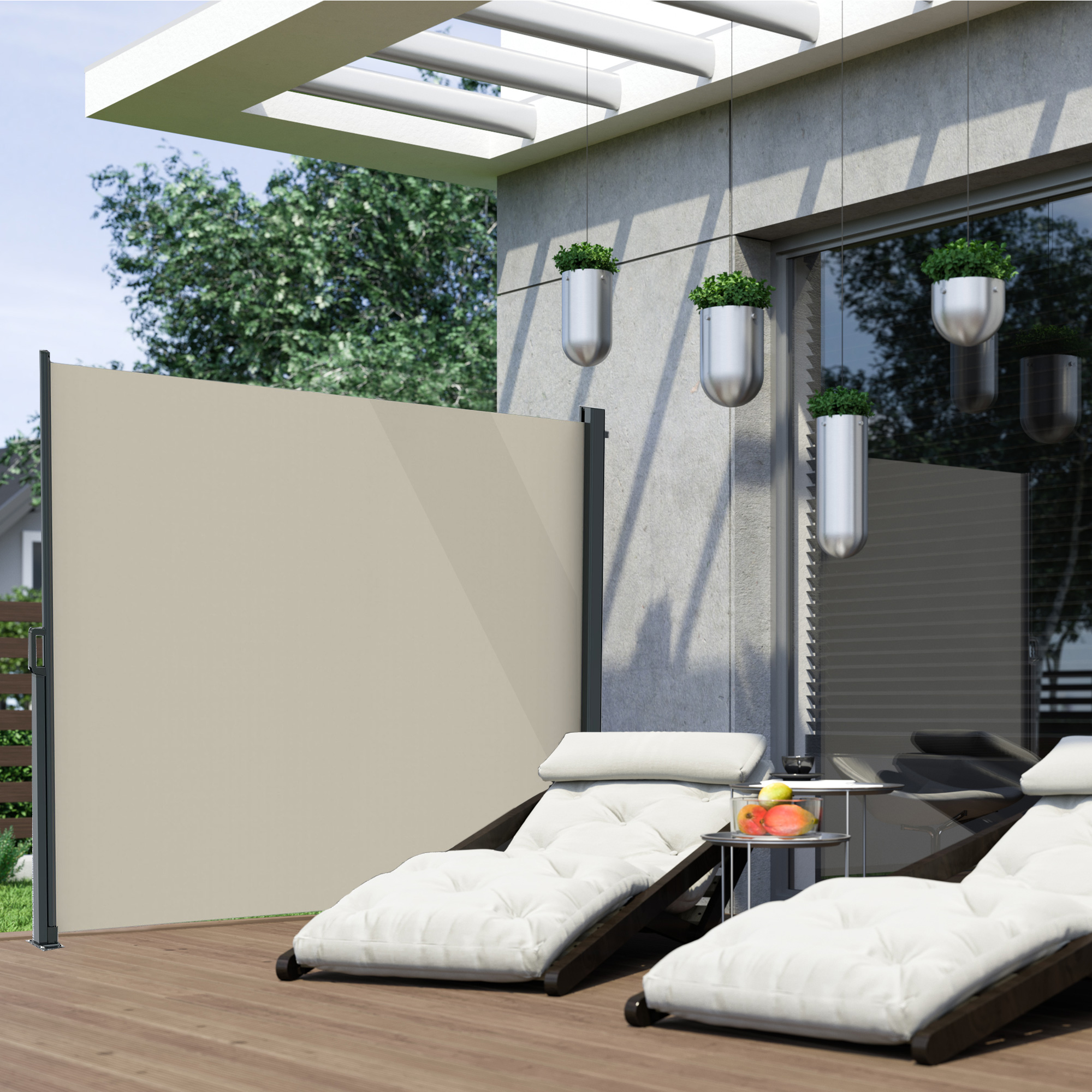 Ersatzteilset für Seitenzugmarkise auf Terrasse mit Liegestühlen und Tisch