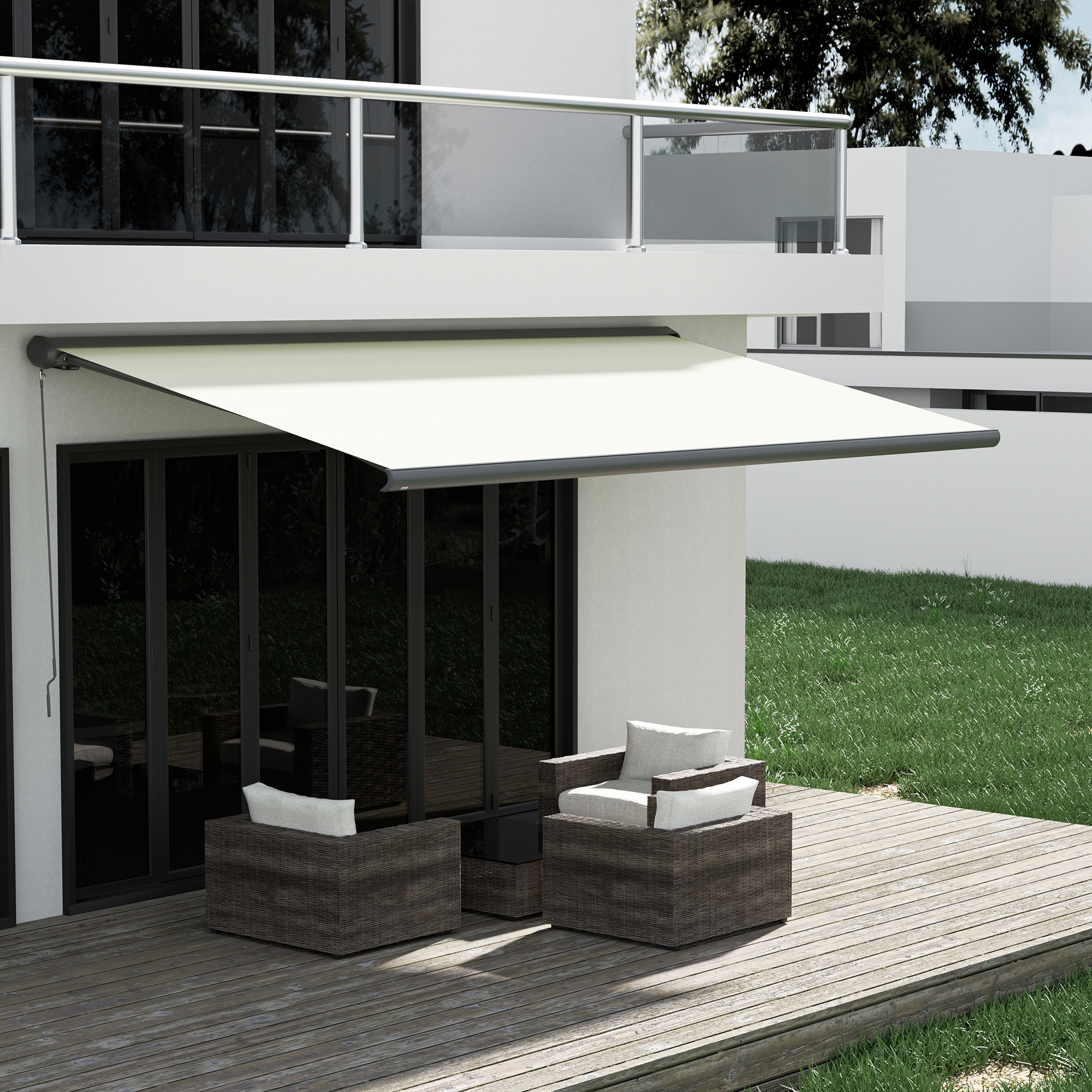 Terrasse mit Markise und Sitzmöbeln vor einem modernen Gebäude