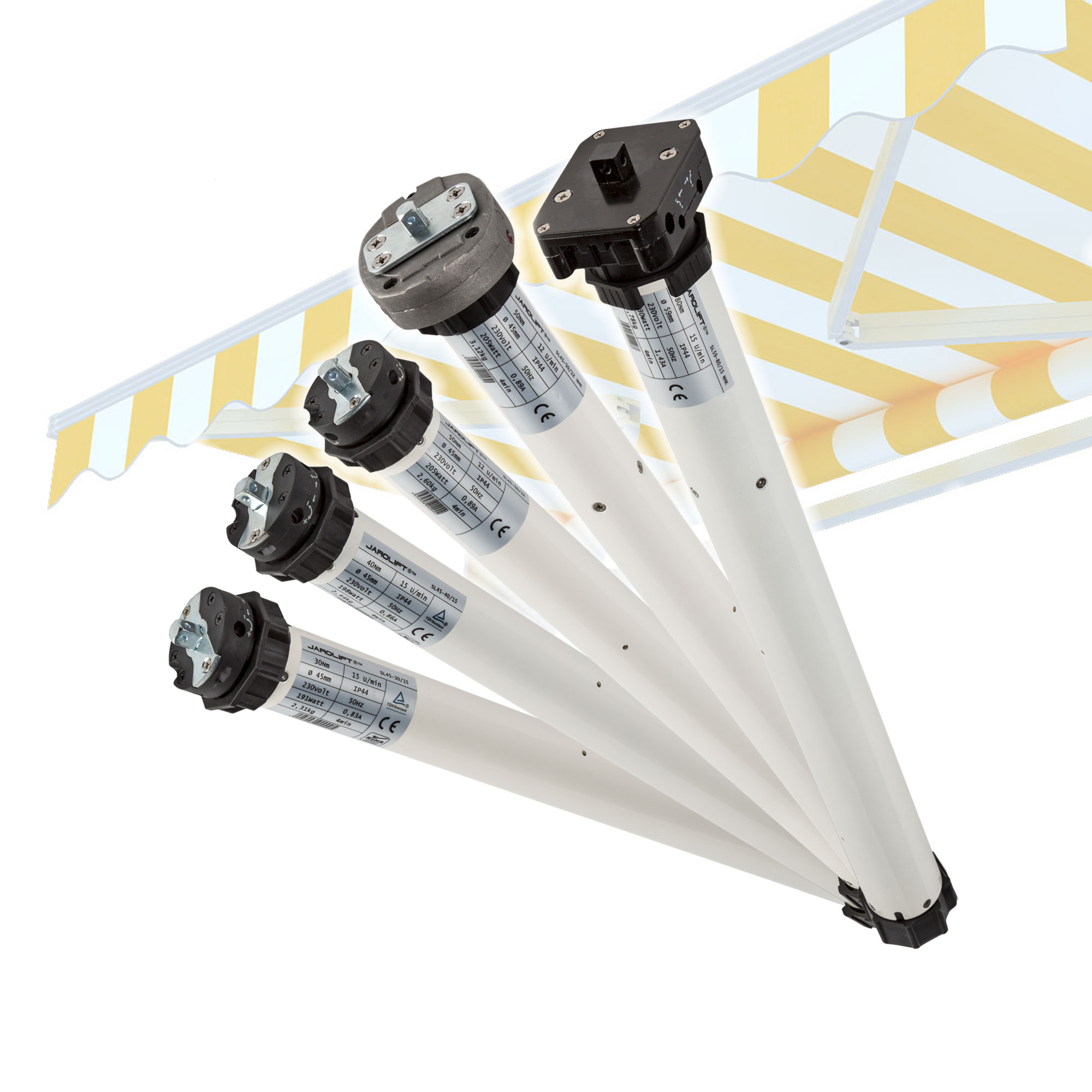 Markisenmotor SL in zylindrischer Form mit Kabelanschluss und technischen Details auf Etikett