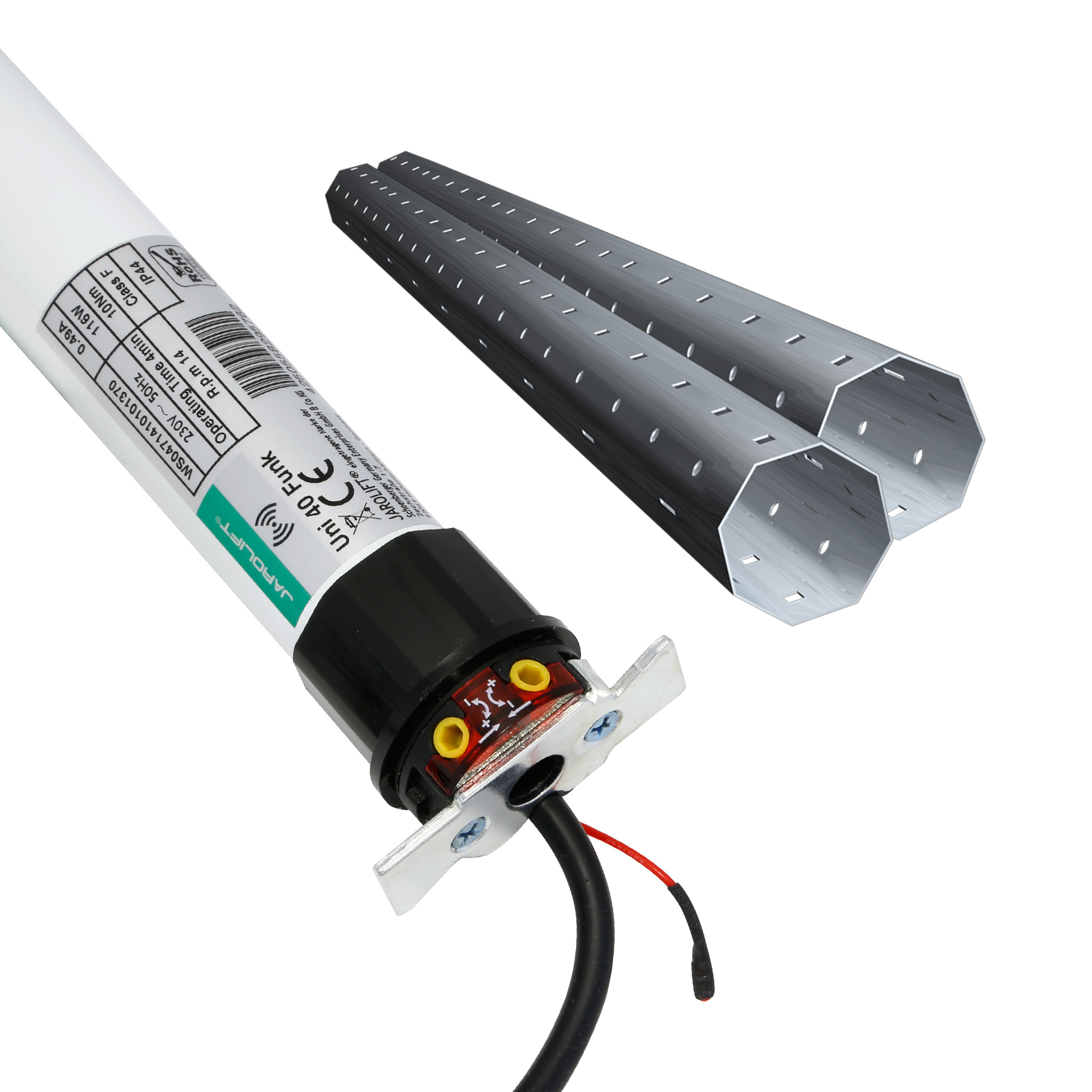 Funk-Rollladenmotor mit Kabelanschluss und zwei Metallrohren für universelle Anwendung