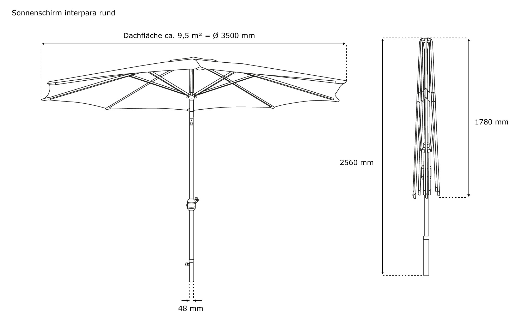 Runder Sonnenschirm mit verstellbarem Mast und Streben, technische Zeichnung mit Maßen