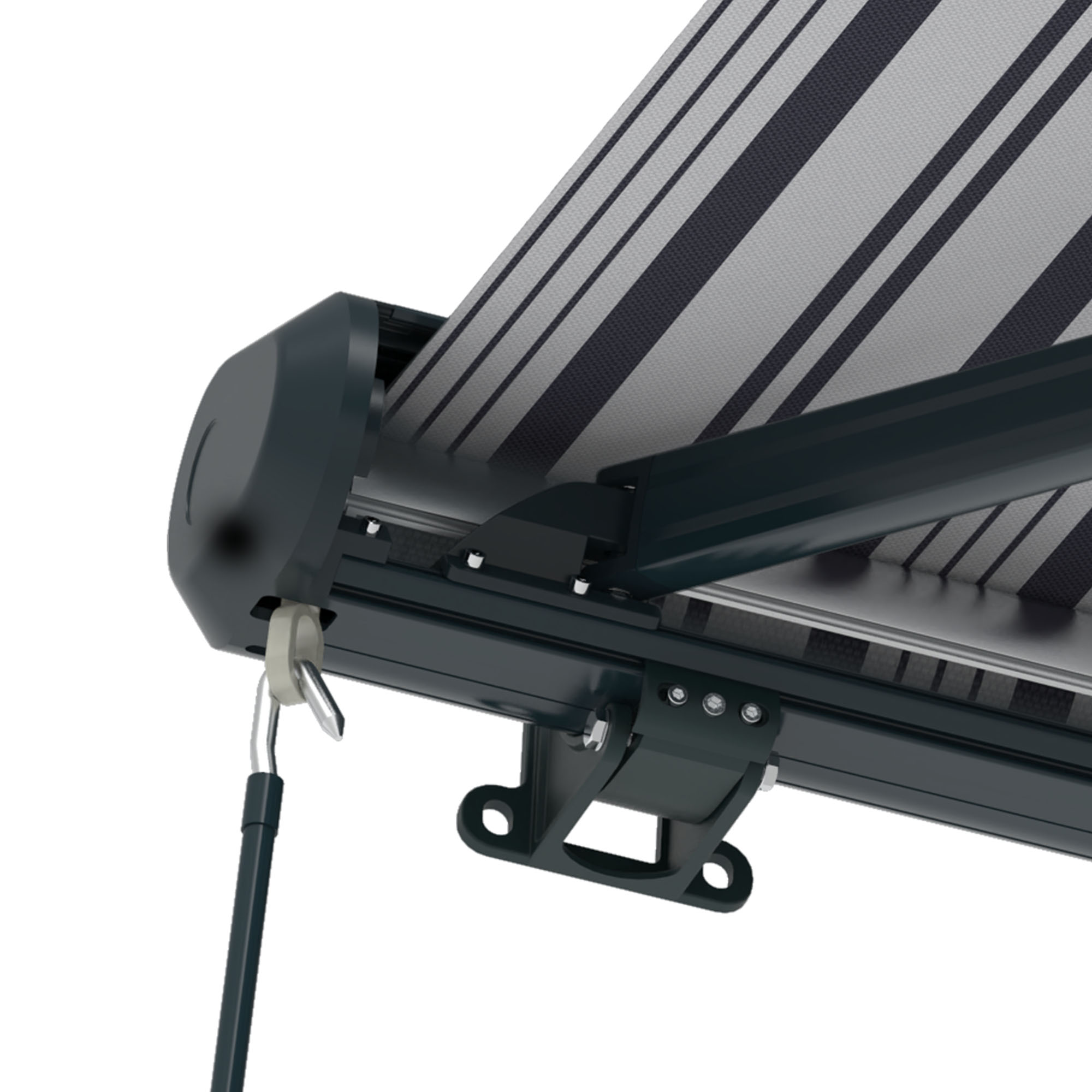 Kassettenmarkise Curve 2000 mit Gestell und Tuch in Nahaufnahme