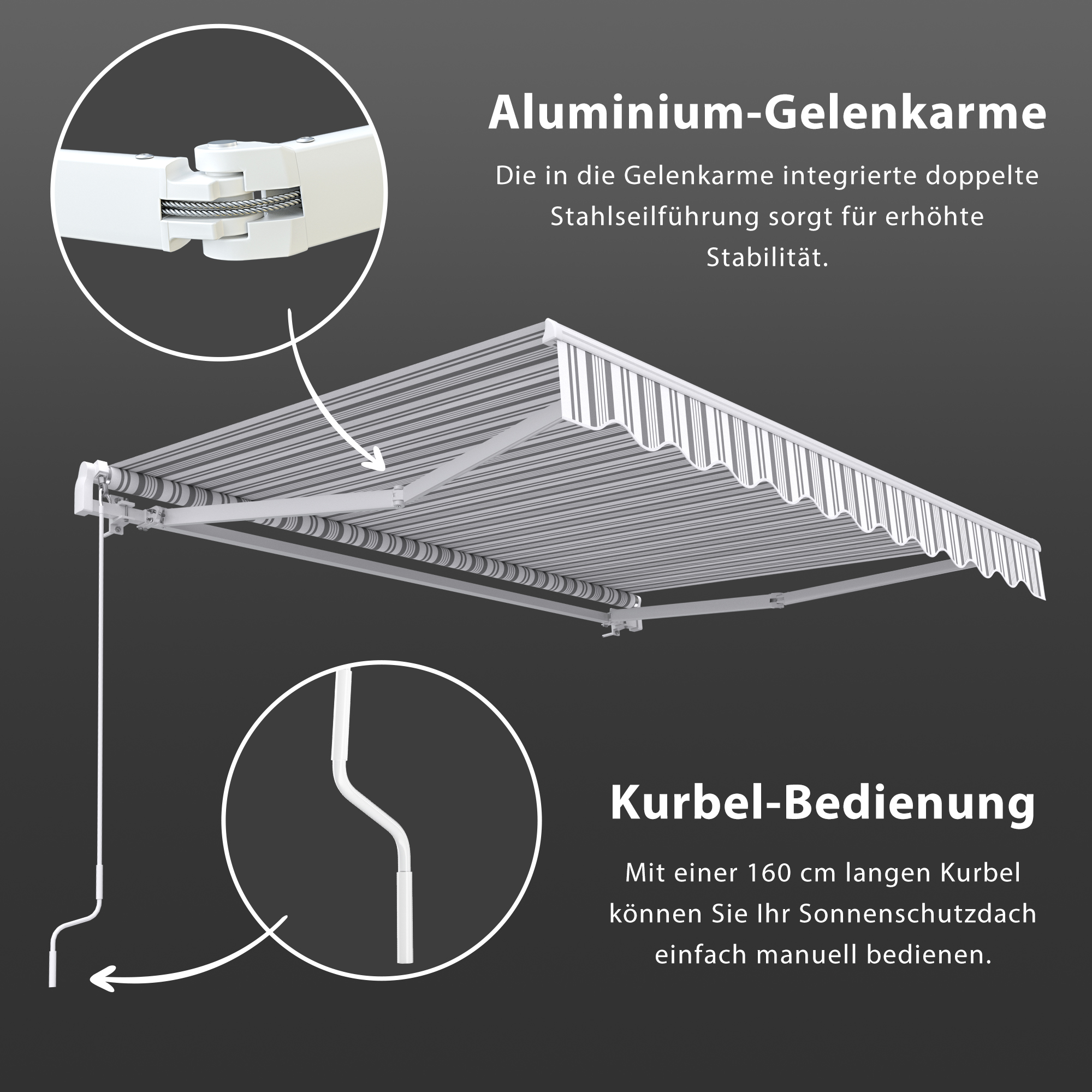 Markise mit Aluminium-Gelenkarmen und Kurbelbedienung für manuelle Anpassung