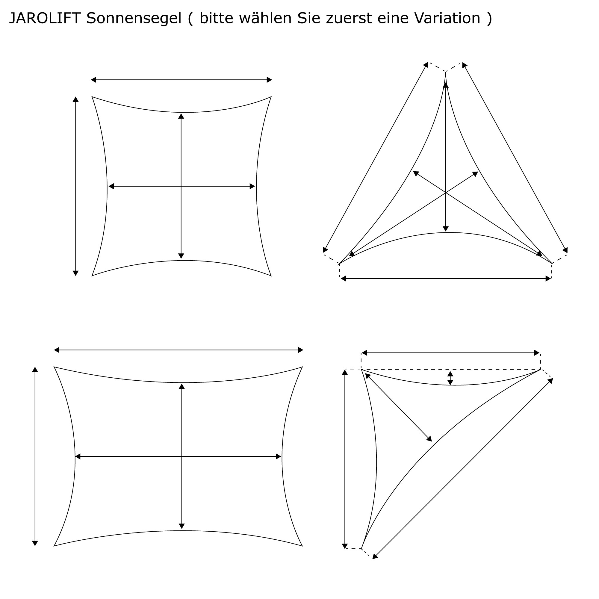 Diagramm von Sonnensegeln in verschiedenen Formen mit Maßangaben und Pfeilen