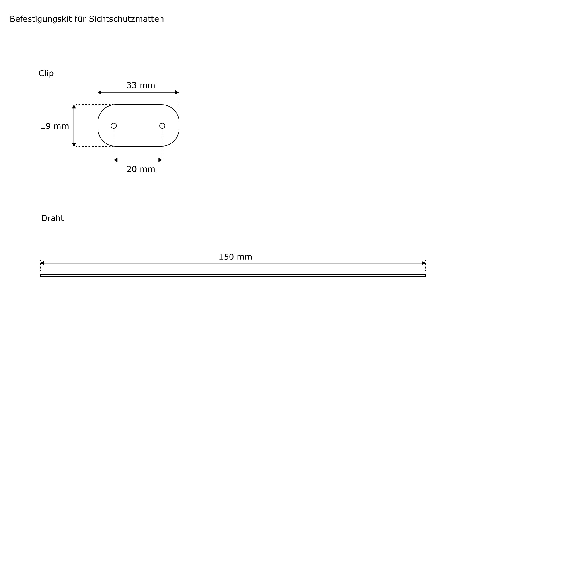 Diagramm eines Befestigungskits für Sichtschutzmatten mit Clip und Draht