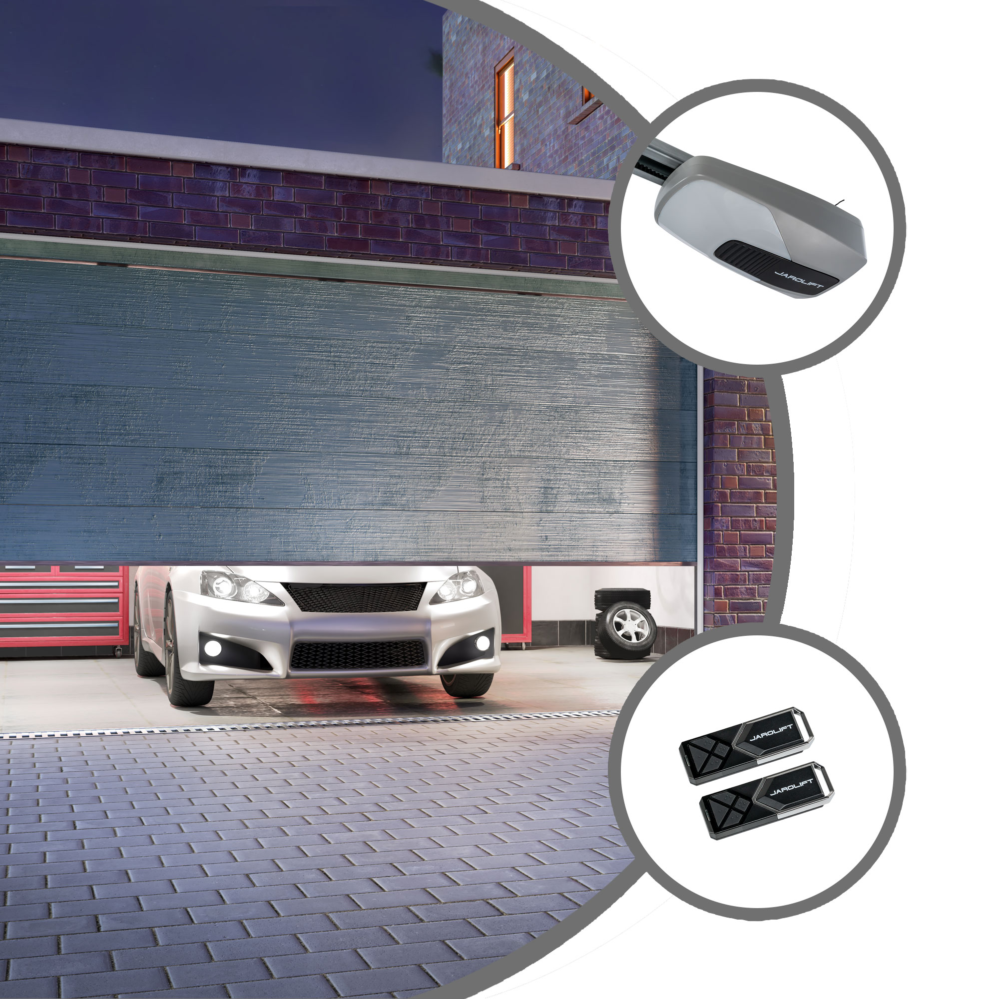 slider_image_0193074c22fb714d841c1960ab4222e6 Garagentor mit Auto, Antriebssystem und zwei Fernbedienungen in separaten Kreisen dargestellt