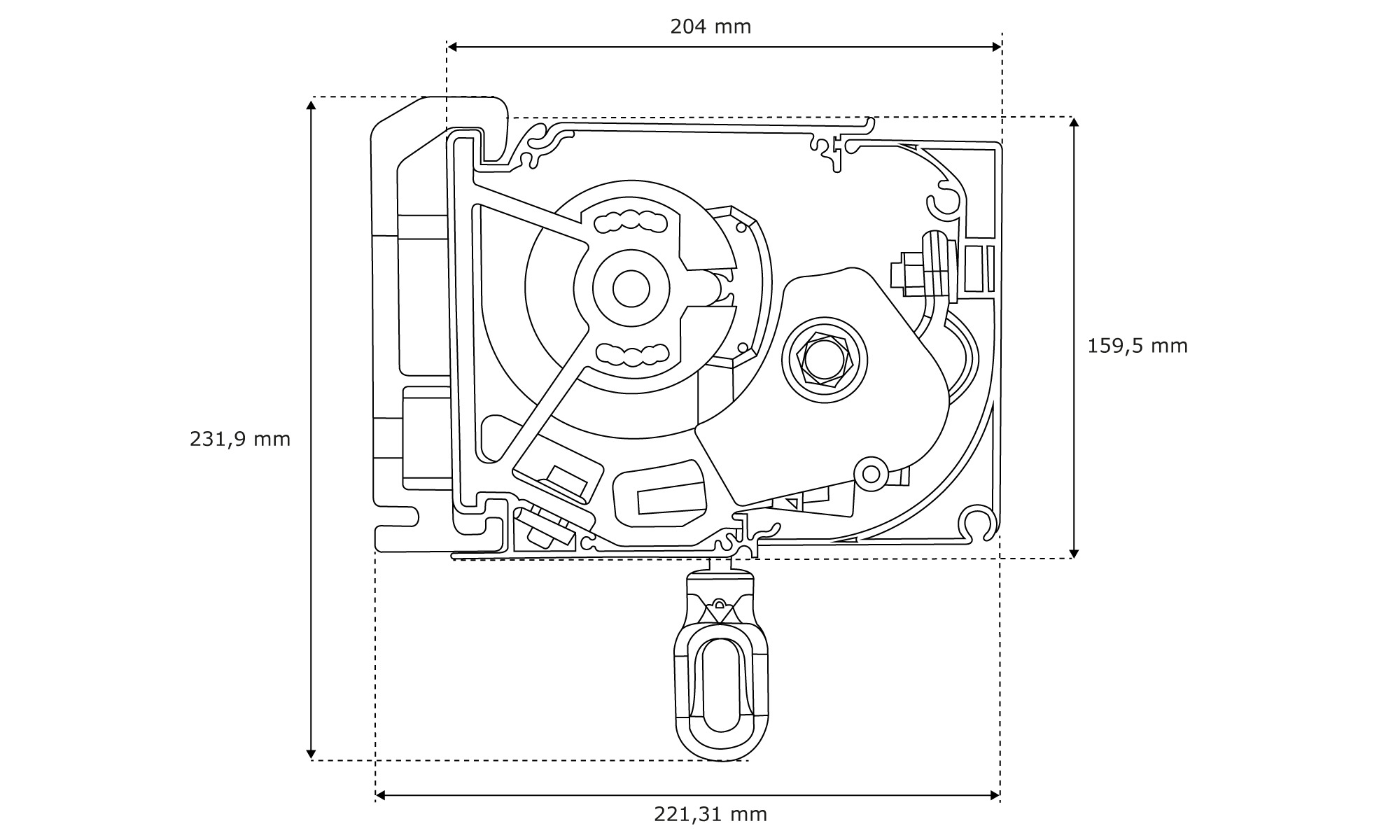 Diagramm einer Kassettenmarkise Line mit Abmessungen und Aufbauansicht