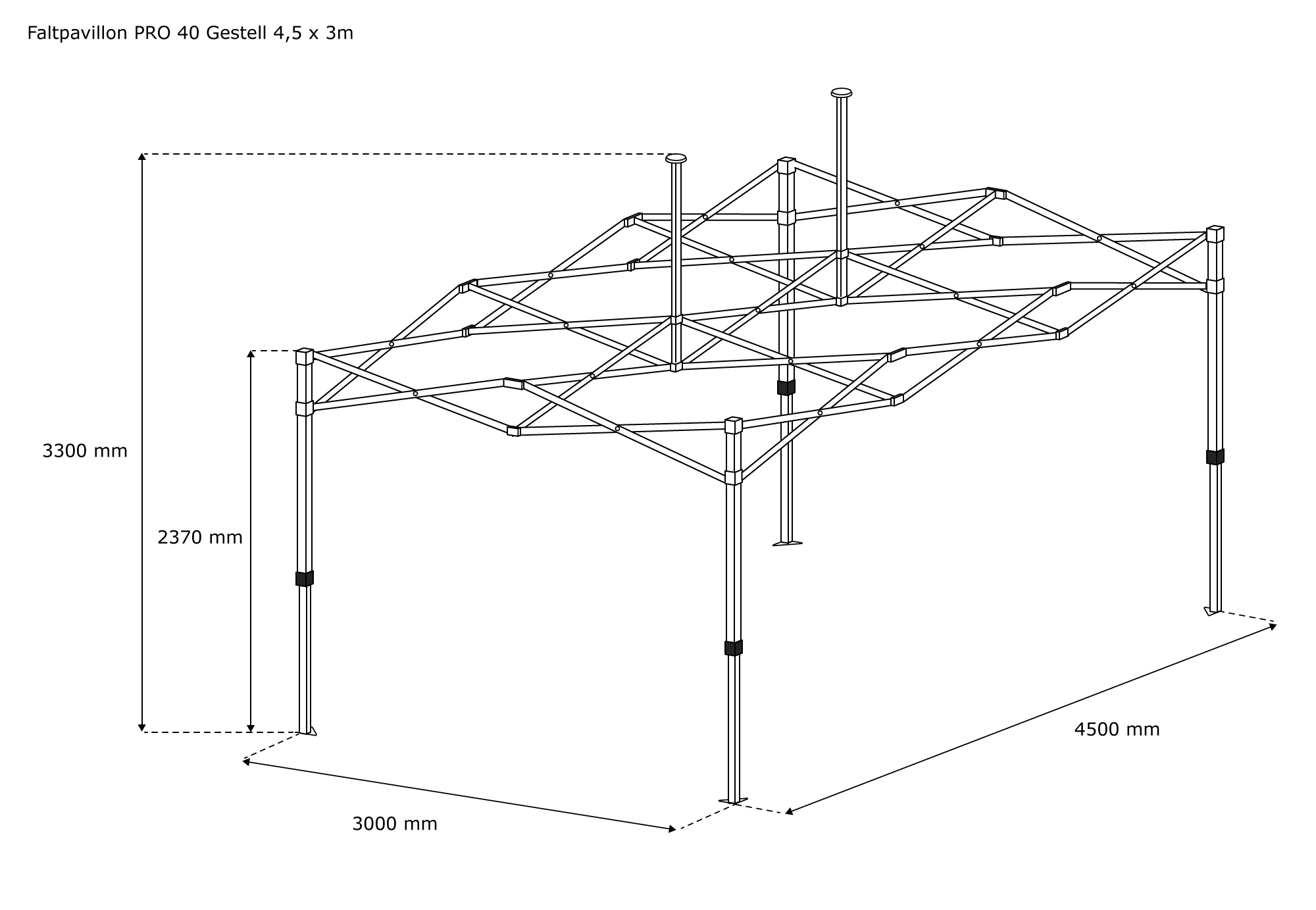 slider_image_9b924a3b83374b70acb0a5cbf016e1b1 Strukturzeichnung eines Faltpavillon PRO Gestells mit Maßen und Aufbauanleitung