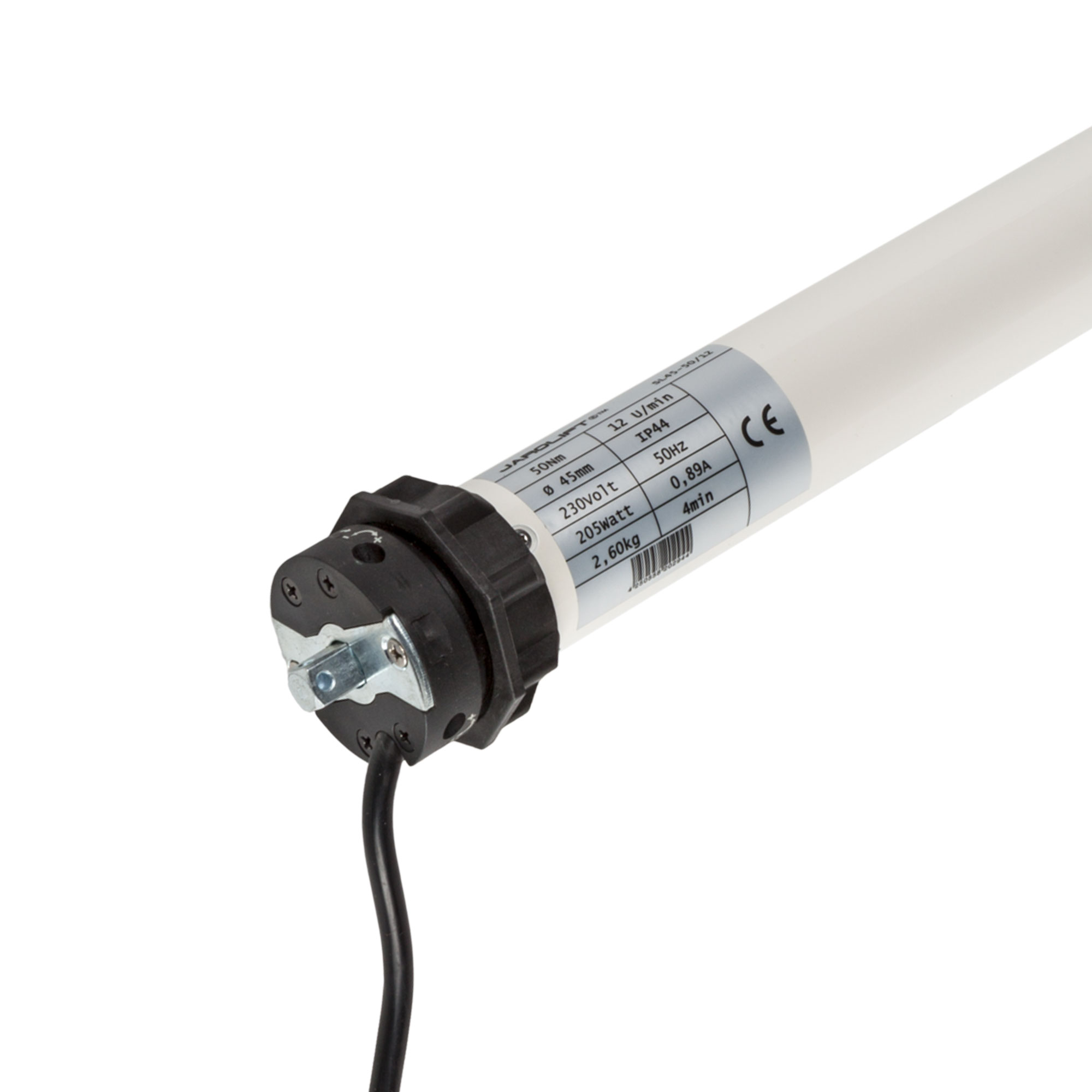 Rollladenmotor mit Kabel und Etikett für technische Spezifikationen