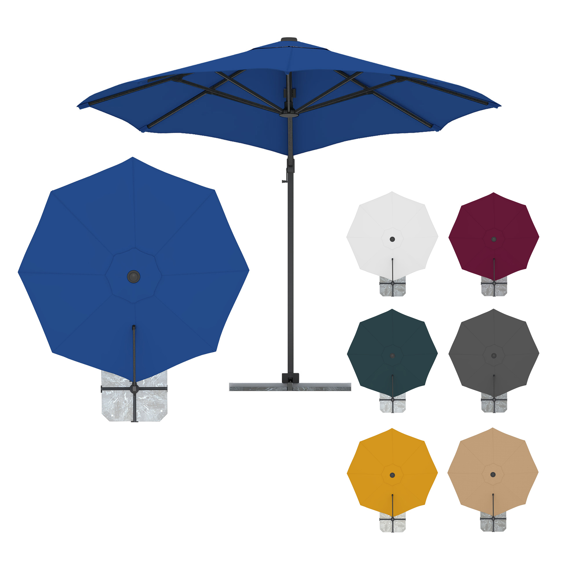 Ampelschirm mit rundem Schirmdach und seitlichem Standfuß in verschiedenen Farben