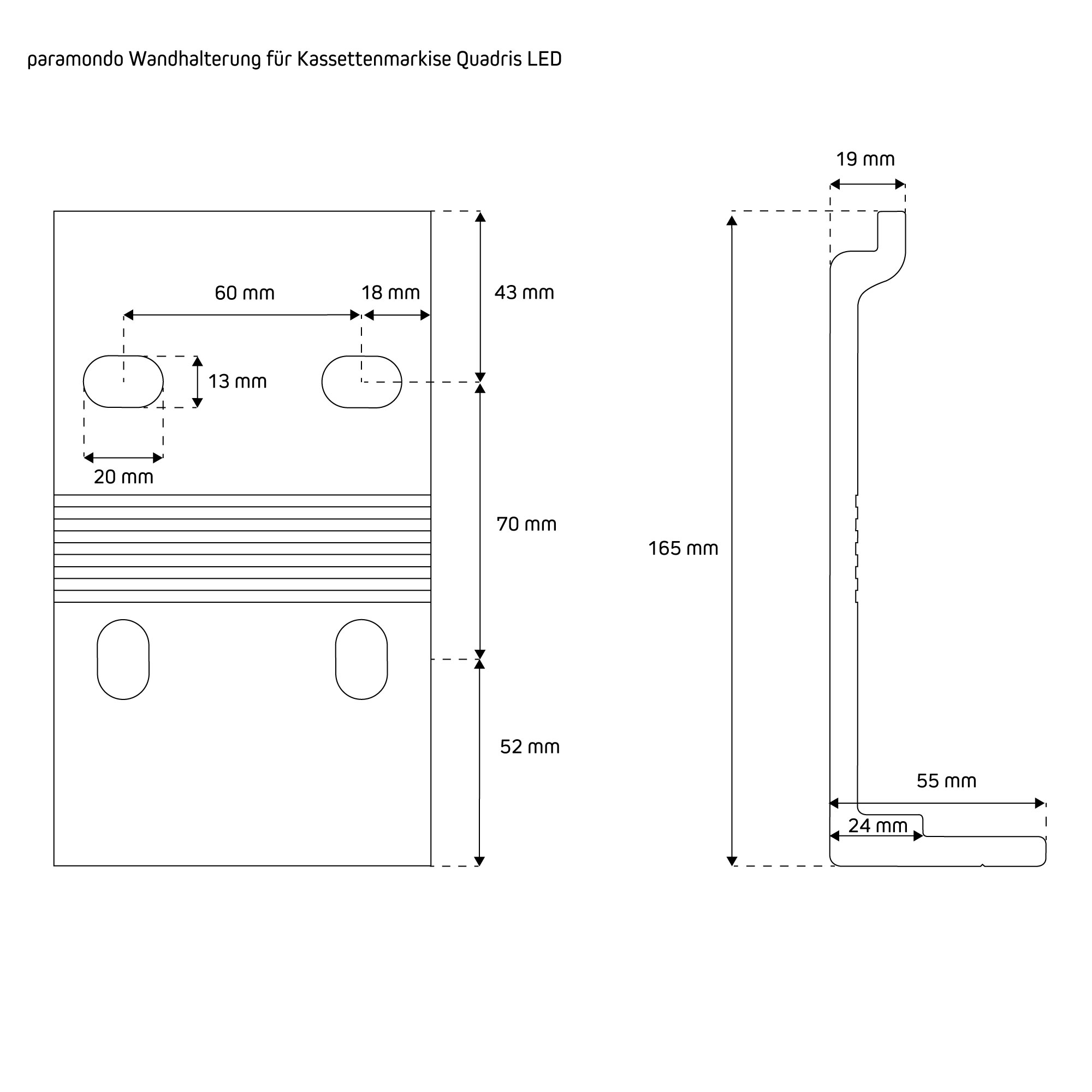 Halterung für Kassettenmarkise Quadris LED mit Löchern zur Wandmontage
