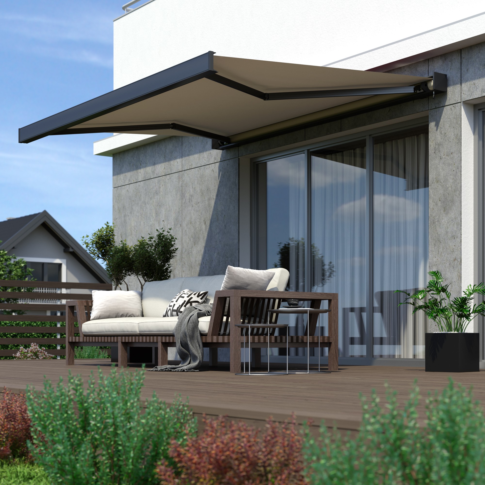 Kassettenmarkise Line über Terrasse mit Sitzbereich und Pflanzen