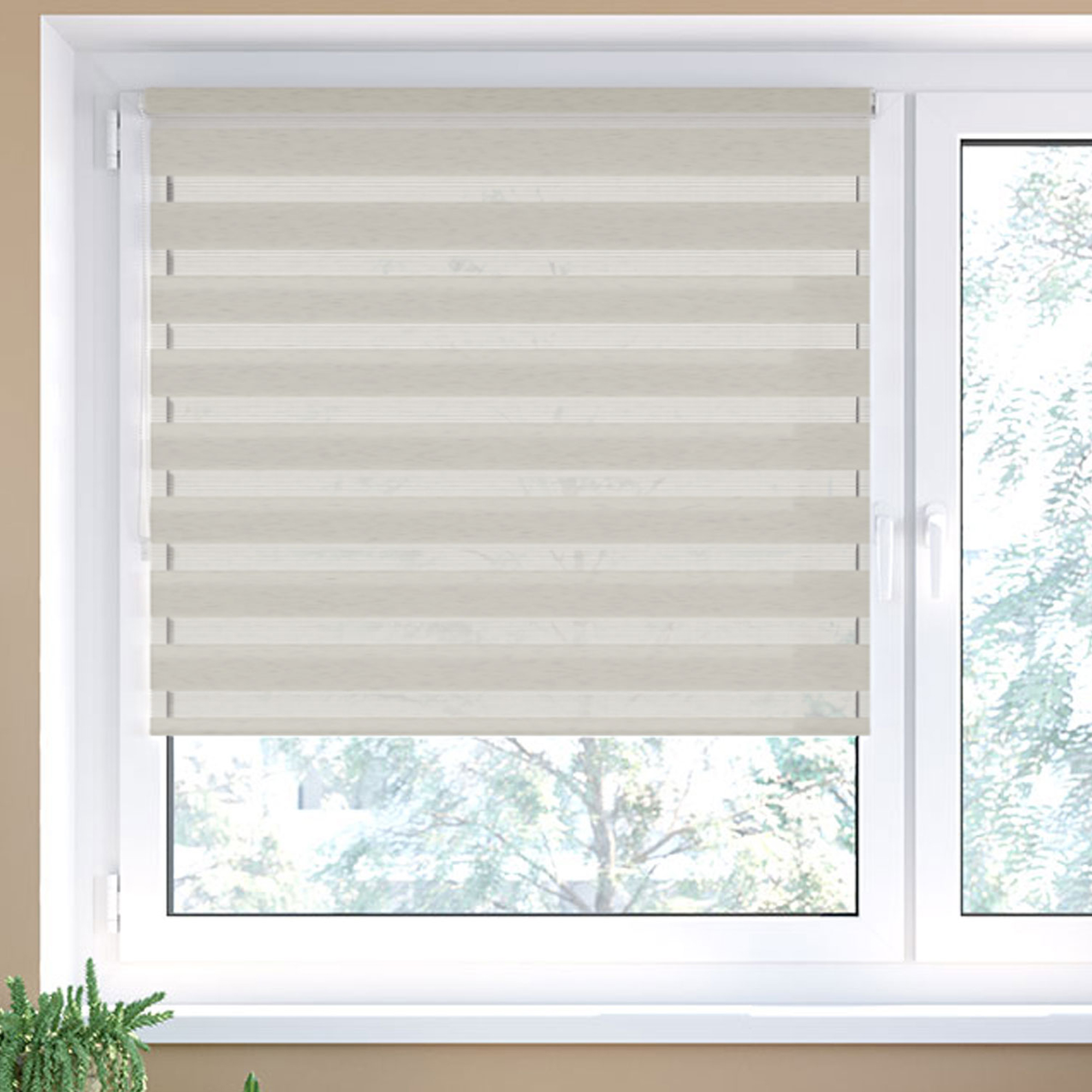 Doppelrollo an einem Fenster montiert, ermöglicht Lichtregulierung und Sichtschutz